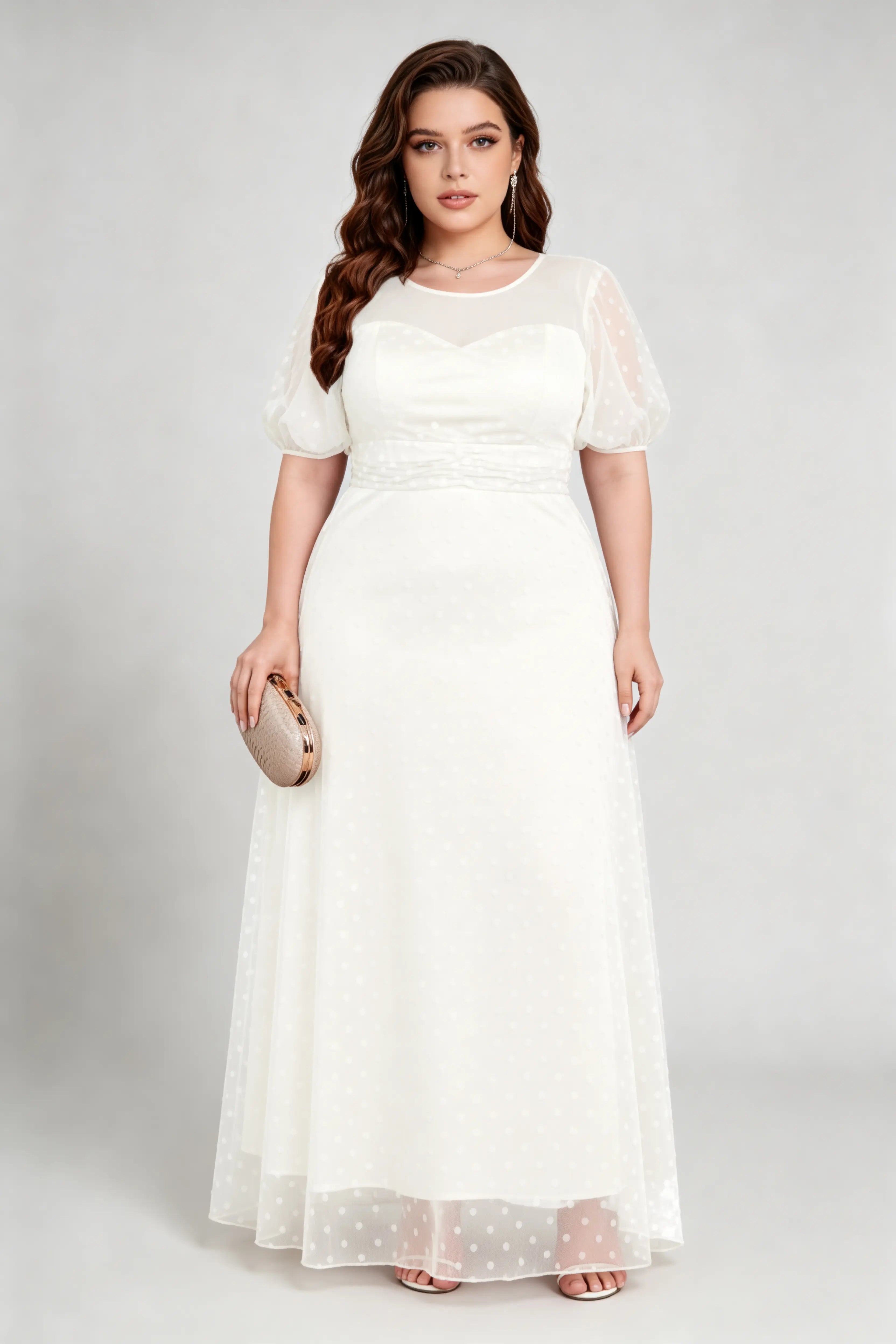 Plus Size Elegant Polka Dot Mesh Puff Sleeve Maxi Dress - Formal Gown phoehua Plus Size Elegant Polka Dot Mesh Puff Sleeve Maxi Dress - Formal Gown phoehua