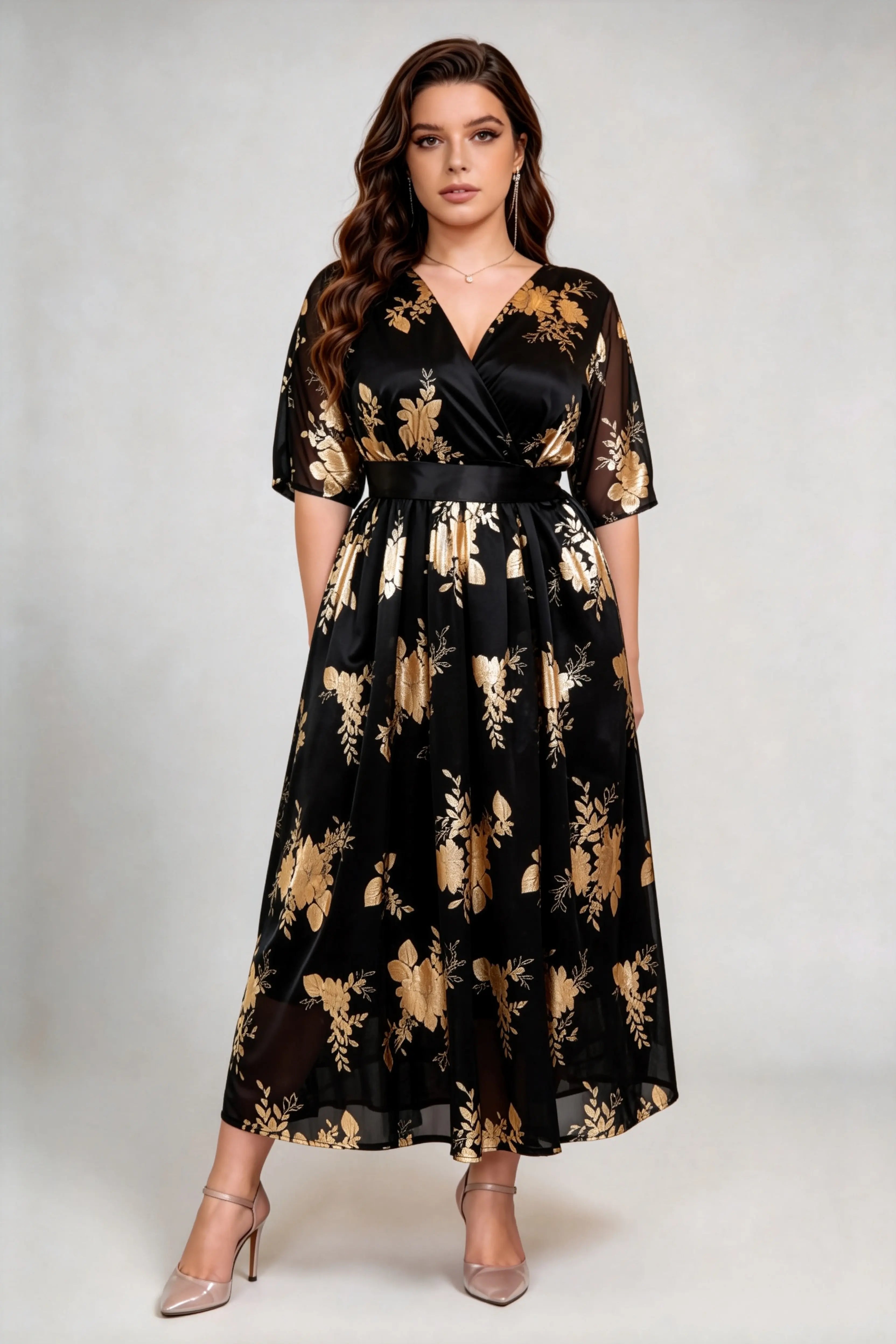 black and gold leaf print dress Plus Size Gold Lace Wrap Dress – Pluspreorder