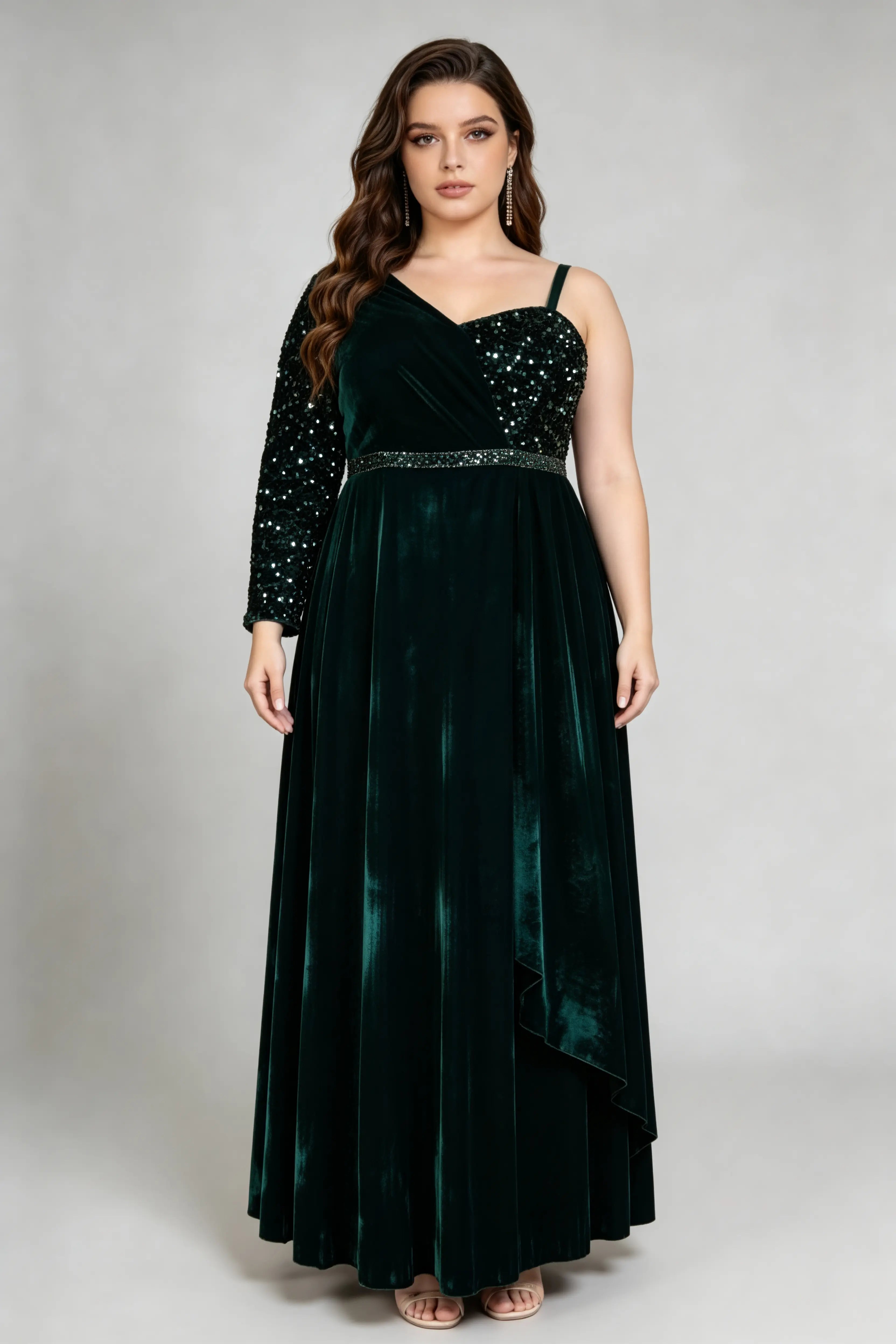 Emerald Velvet Plus Size Evening Gown - Asymmetric Sequin One-Shoulder phoehua Emerald Velvet Plus Size Evening Gown - Asymmetric Sequin One-Shoulder phoehua
