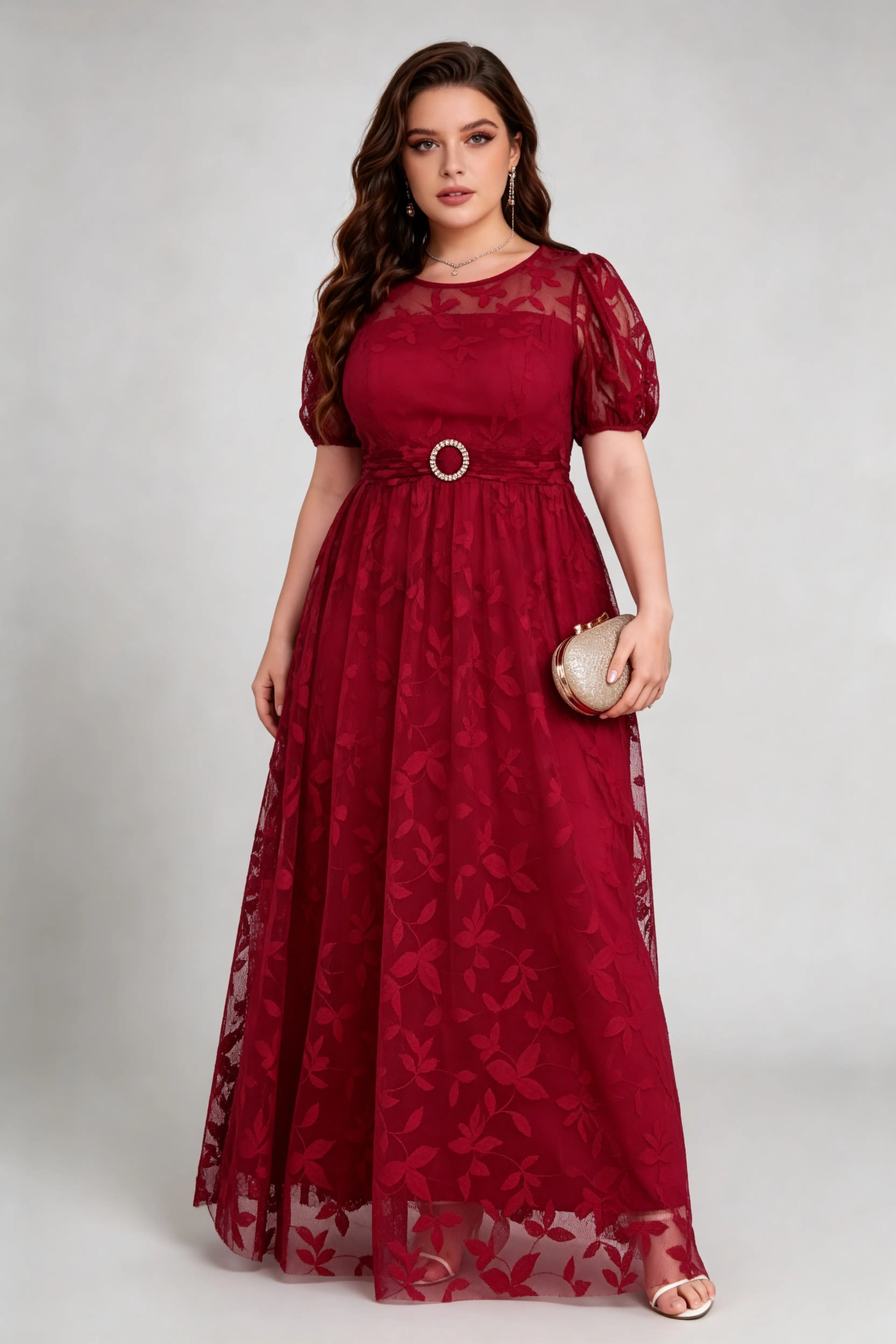 Burgundy Lace Plus Size Maxi Dress - Puff Sleeve A-Line Formal Gown phoehua Burgundy Lace Plus Size Maxi Dress - Puff Sleeve A-Line Formal Gown phoehua