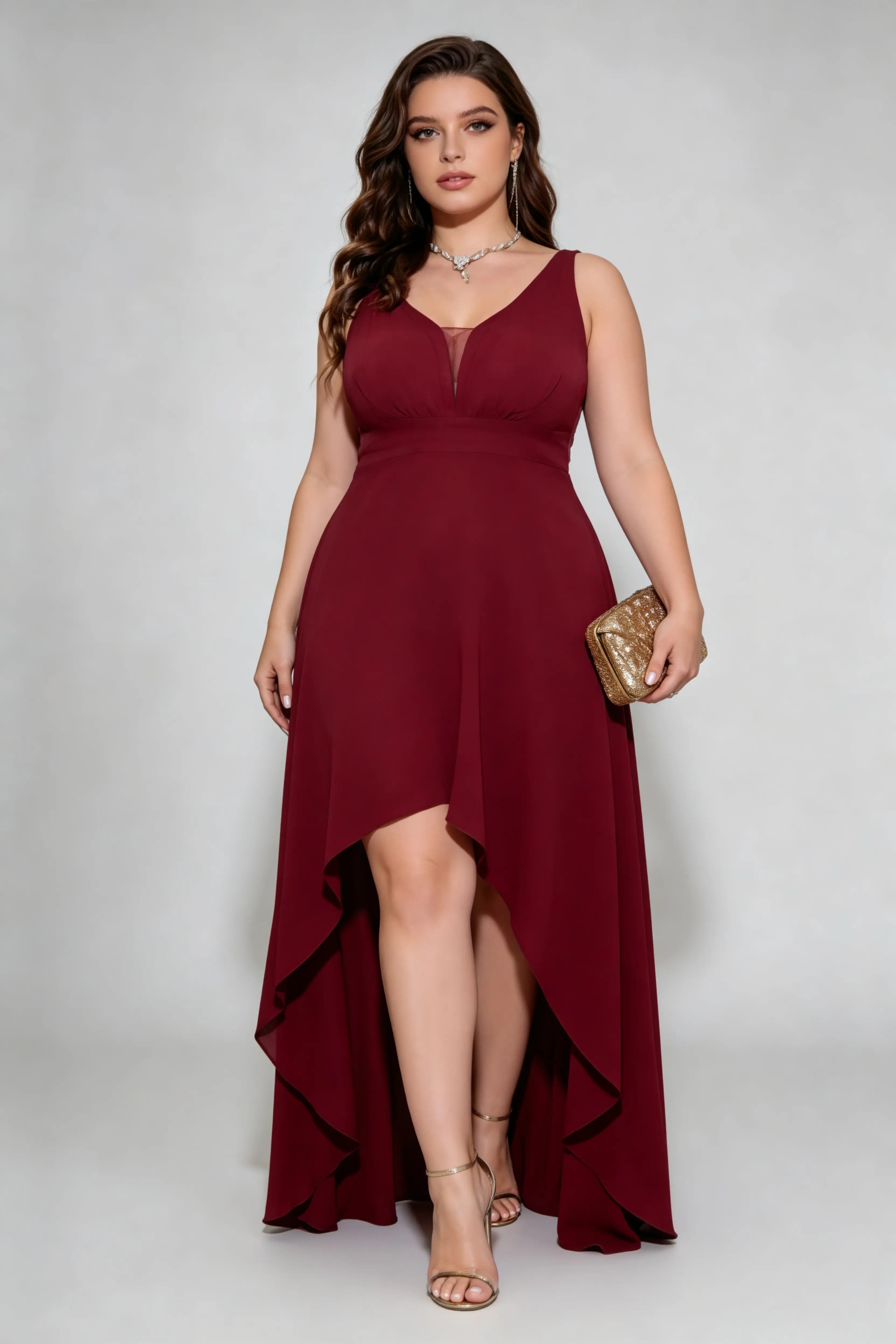 Plus Size Burgundy High-Low Dress - V-Neck Sleeveless Formal Gown phoehua Plus Size Burgundy High-Low Dress - V-Neck Sleeveless Formal Gown phoehua