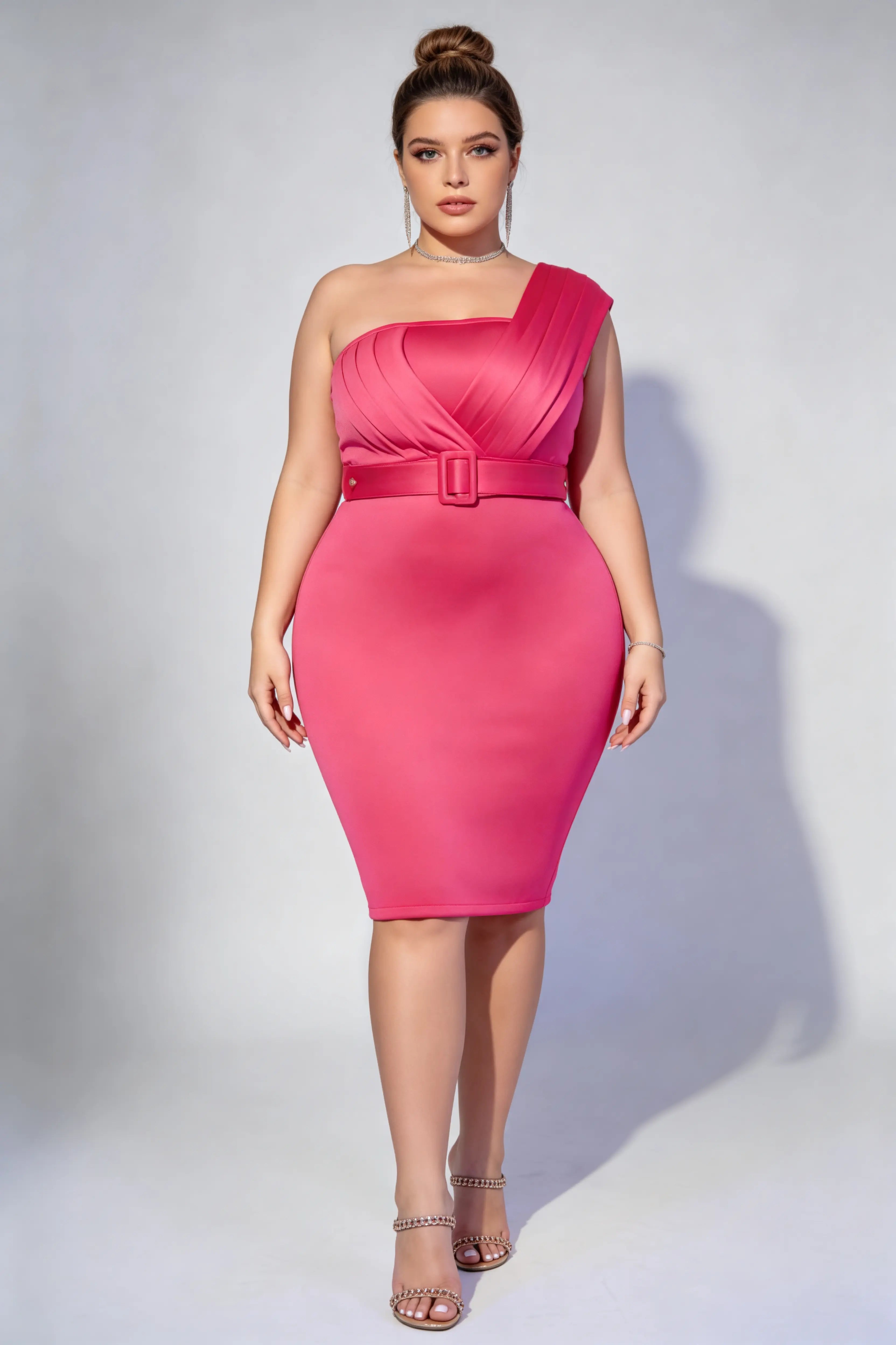 one shoulder midi dress plus size Plus Size Rose Red Elegant One-Shoulder Pleated Bodycon Midi Dress – phoehua
