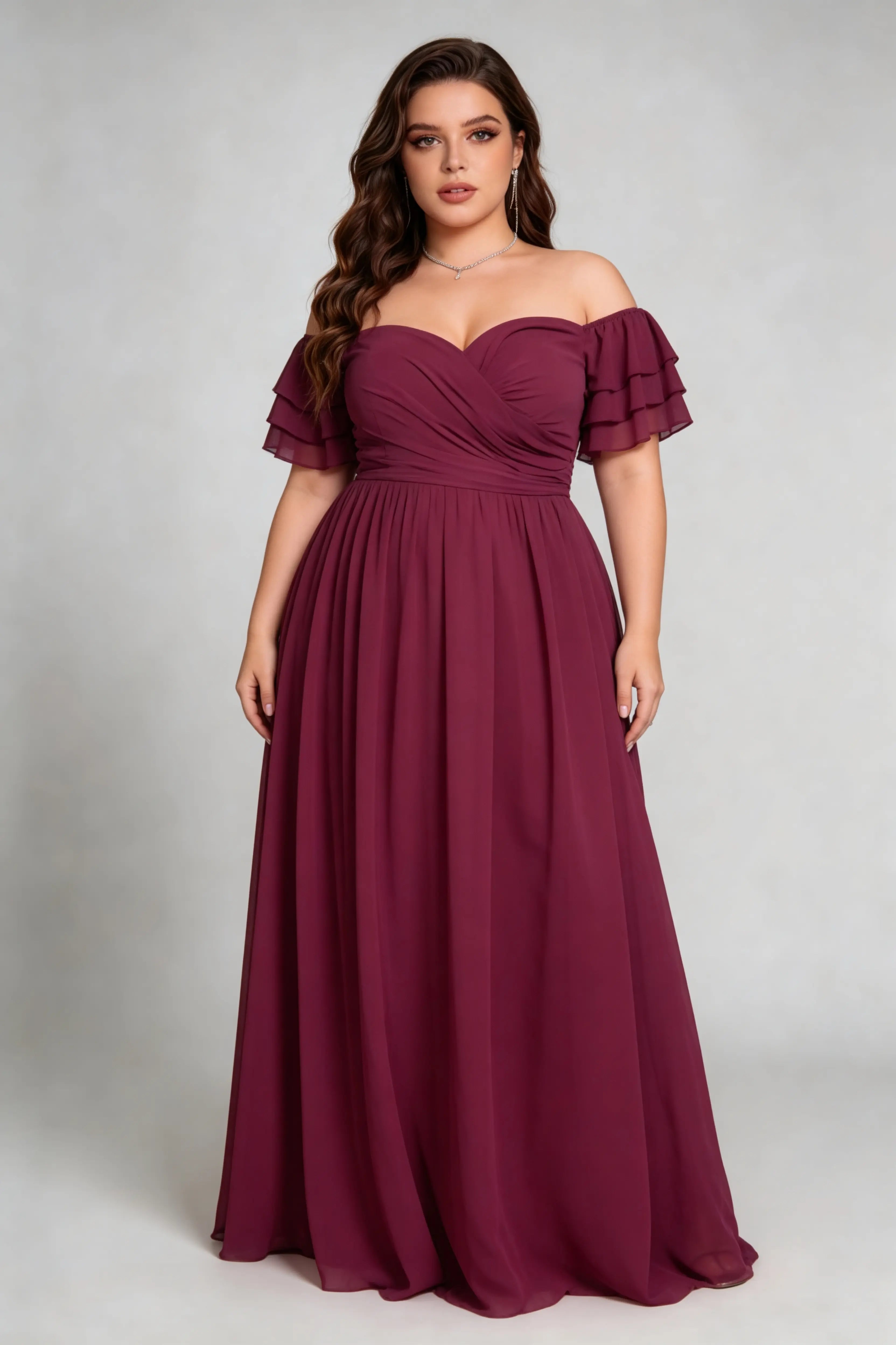 ice formal dresses Plus Size Burgundy Off-The-Shoulder Tiered Ruffle Sleeve Ruched Back F –  phoehua