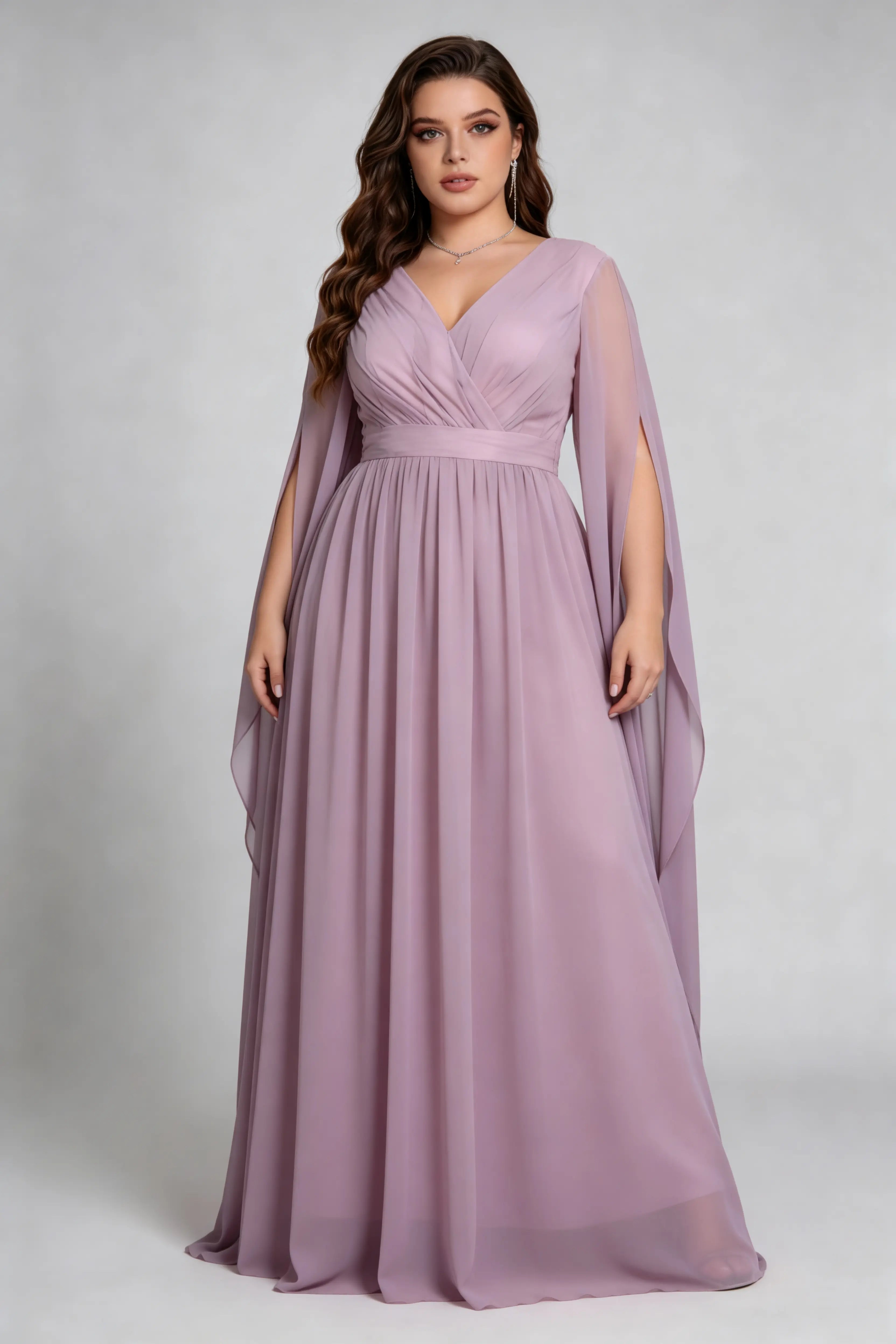 Plus Size Dusty Lavender Deep V-Neck Flowy Cape Sleeve Floor-Length Fo phoehua Plus Size Dusty Lavender Deep V-Neck Flowy Cape Sleeve Floor-Length Fo phoehua