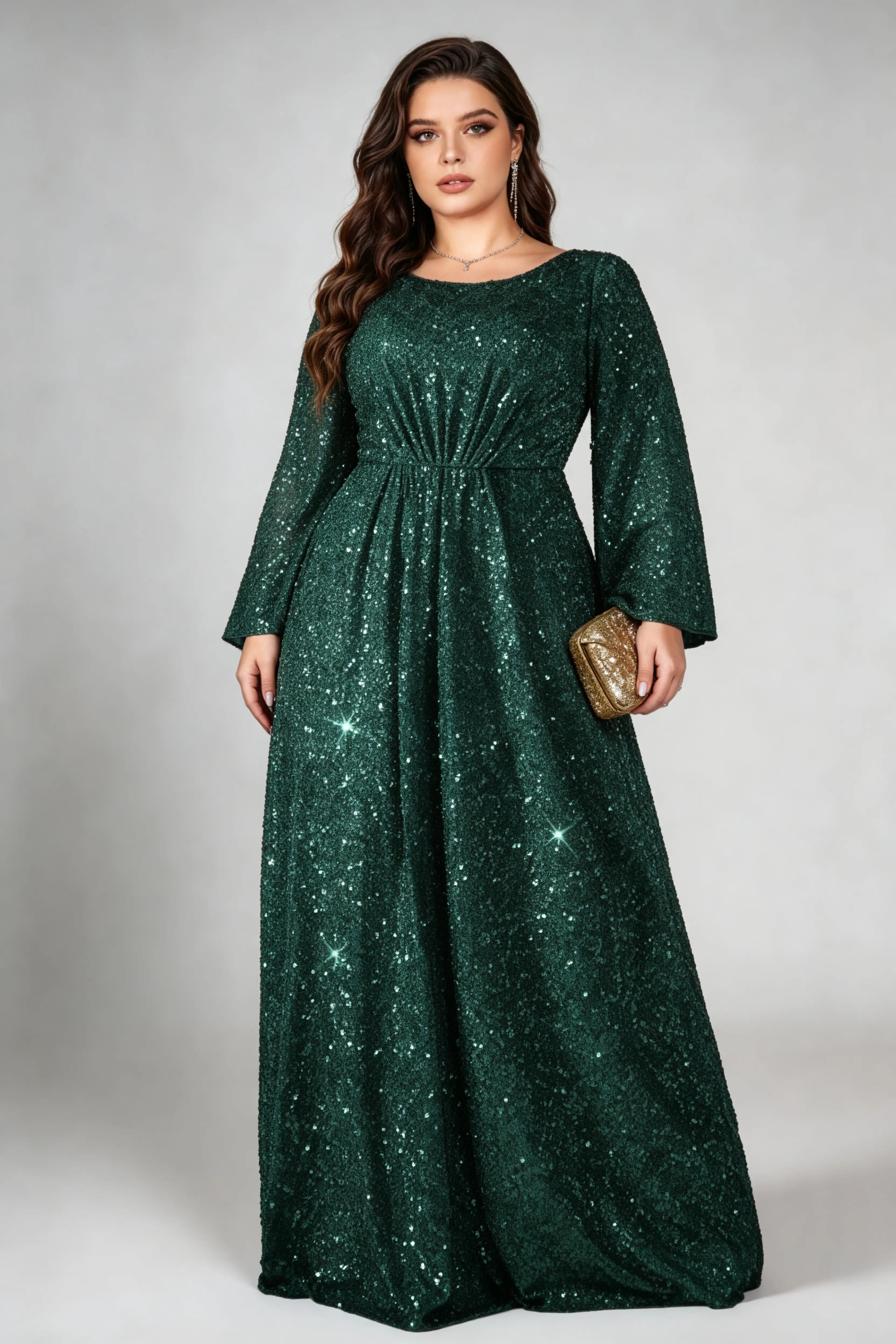 Plus Size All Over Sequin Long Sleeve A-Line Floor Length Evening Gown –  phoehua