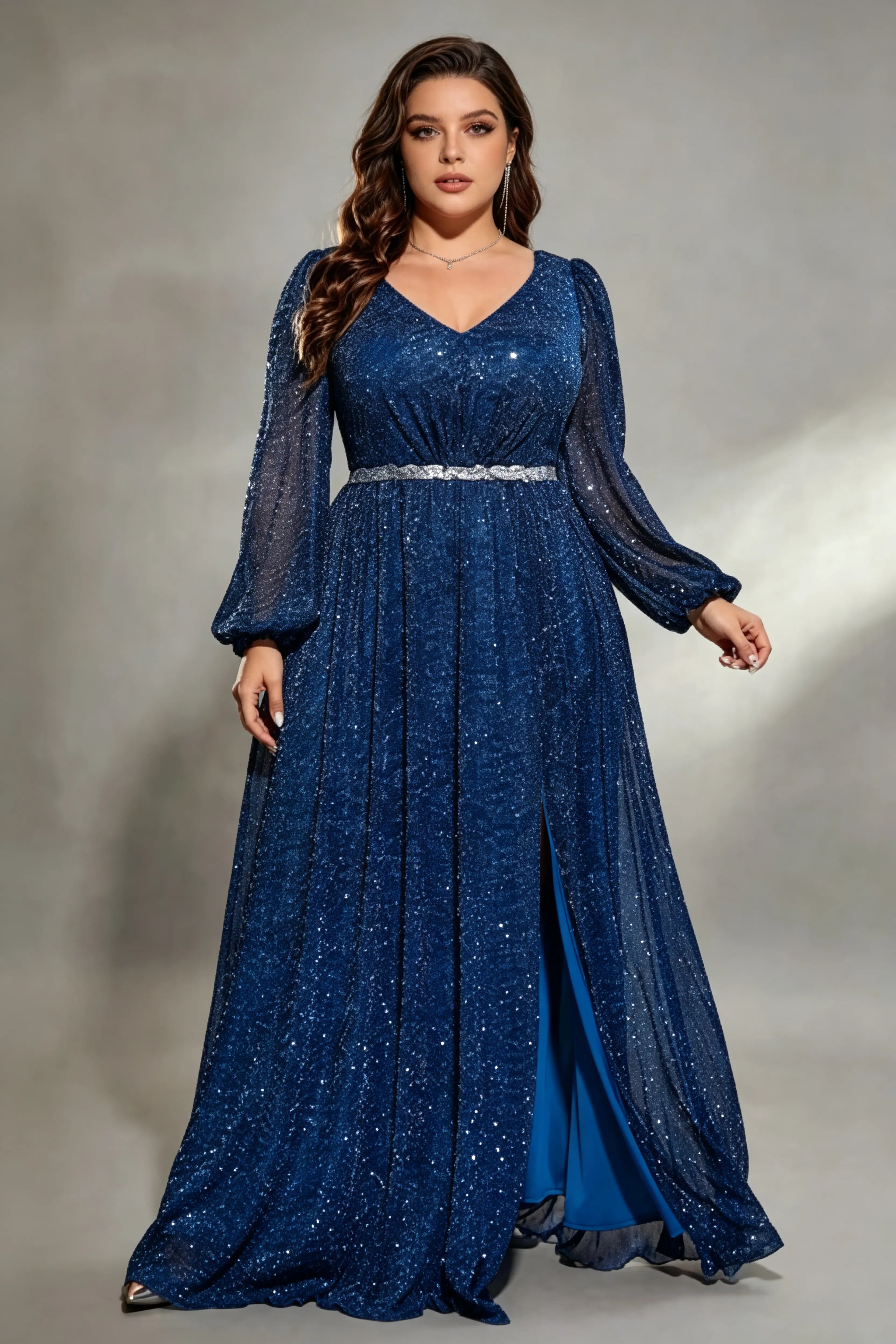 Plus Size Deep V-Neck Long Puff Sleeve Sparkling Sequin A-Line Floor L –  phoehua