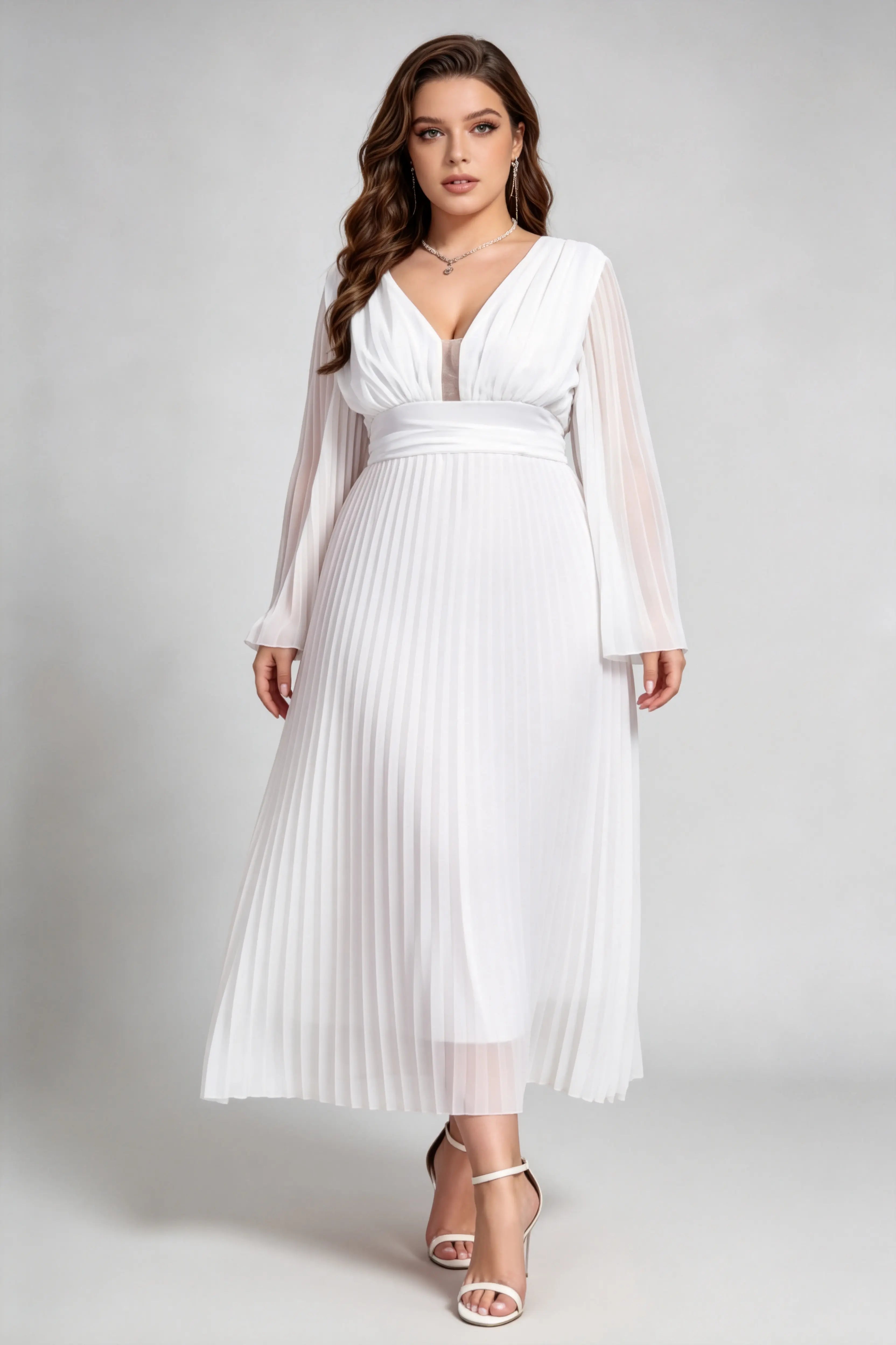 long sleeve chiffon maxi dress plus size Plus Size Pleated Chiffon Maxi Dress with Bell Sleeves and Deep V-Neck –  phoehua
