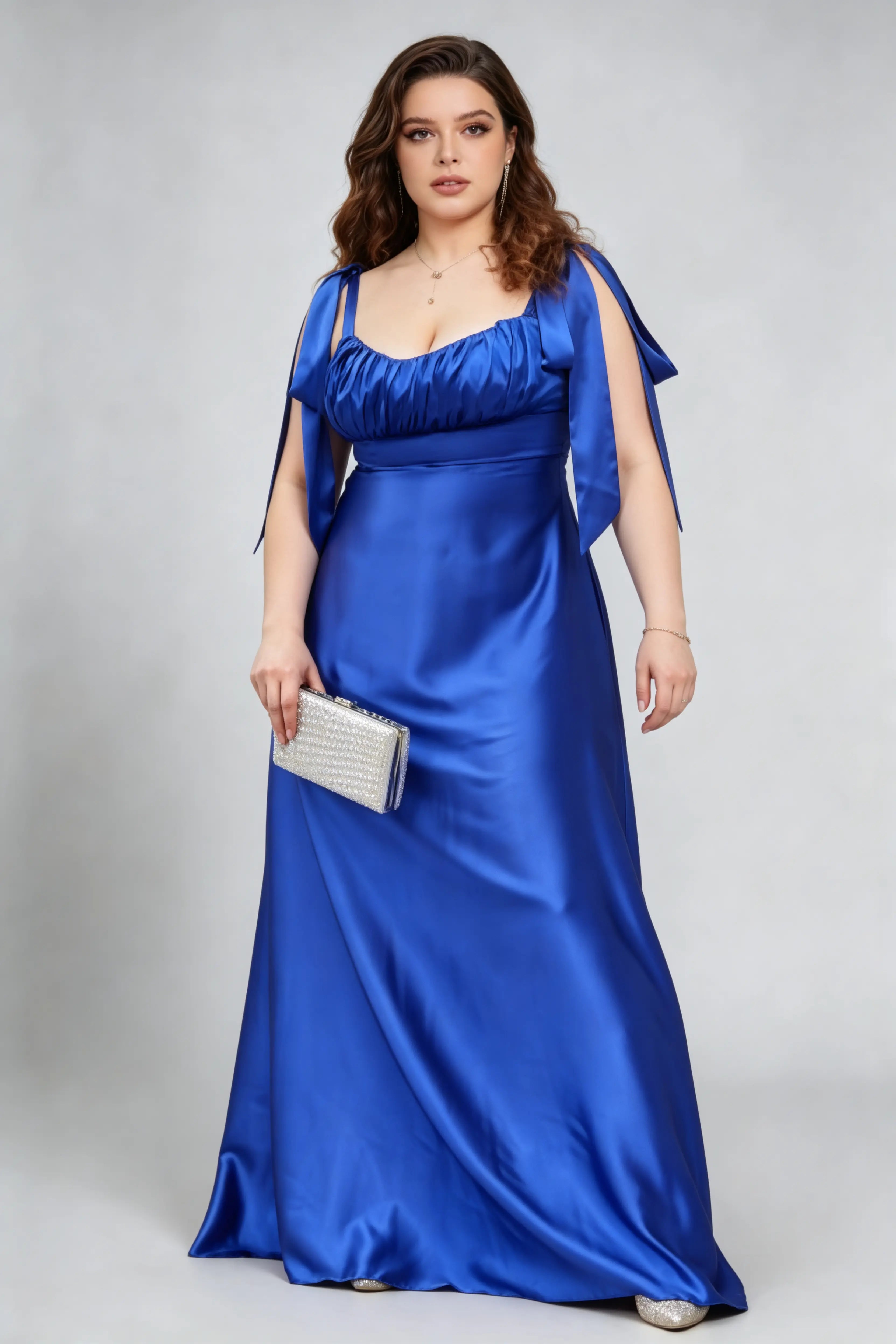 Plus Size Royal Blue Satin Gown - Bow Shoulder A-Line Formal Dress phoehua Plus Size Royal Blue Satin Gown - Bow Shoulder A-Line Formal Dress phoehua