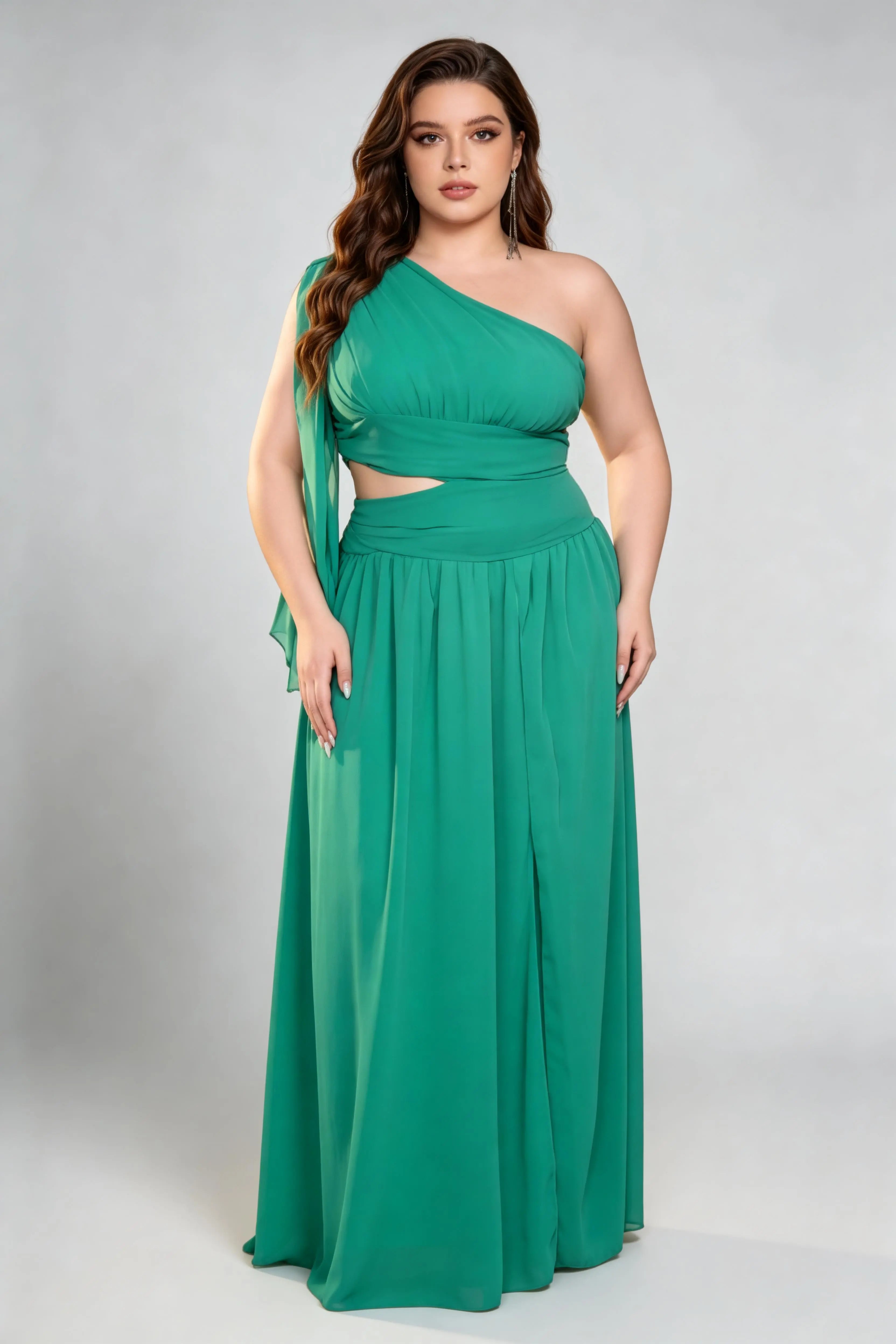 Plus Size Emerald Green One-Shoulder Gown - Chiffon A-Line Formal Dres phoehua Plus Size Emerald Green One-Shoulder Gown - Chiffon A-Line Formal Dres phoehua