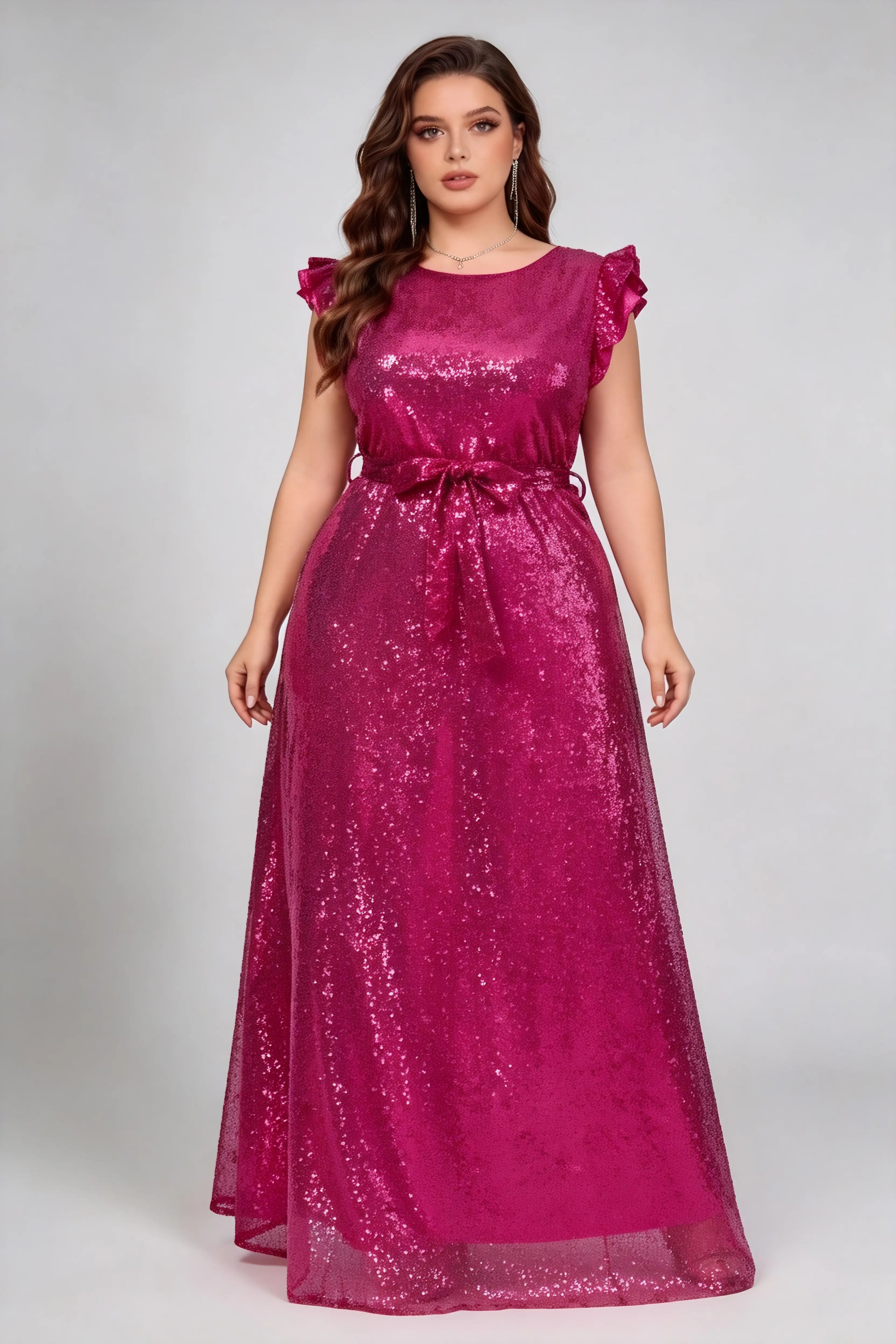 Plus Size Rose Red Sequins Ruffle Cap Sleeve Self-Tie Belt A-Line Floo phoehua Plus Size Rose Red Sequins Ruffle Cap Sleeve Self-Tie Belt A-Line Floo phoehua