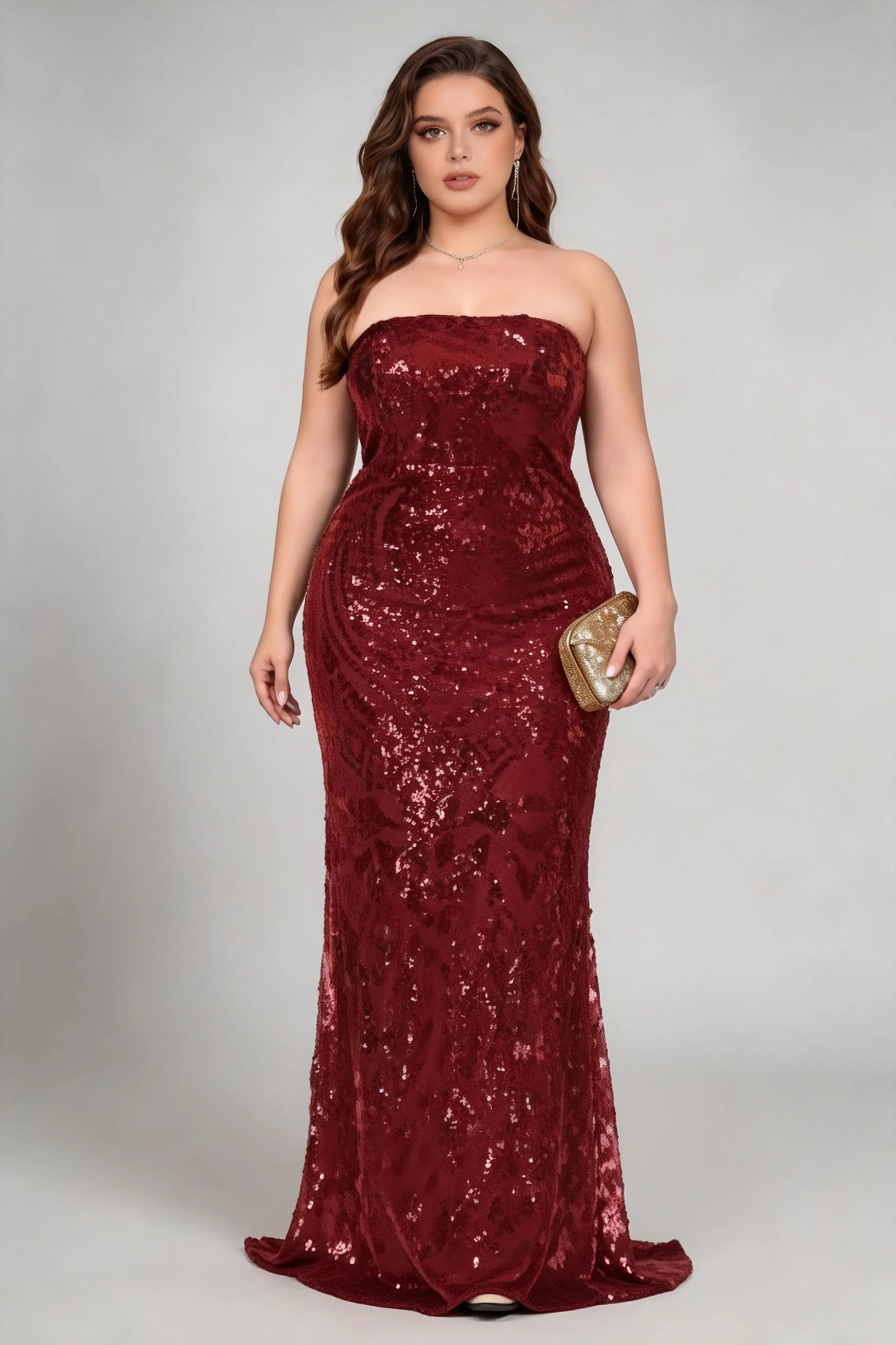 Plus Size Burgundy Strapless Sequined Mermaid Formal Evening Maxi Dres phoehua Plus Size Burgundy Strapless Sequined Mermaid Formal Evening Maxi Dres phoehua