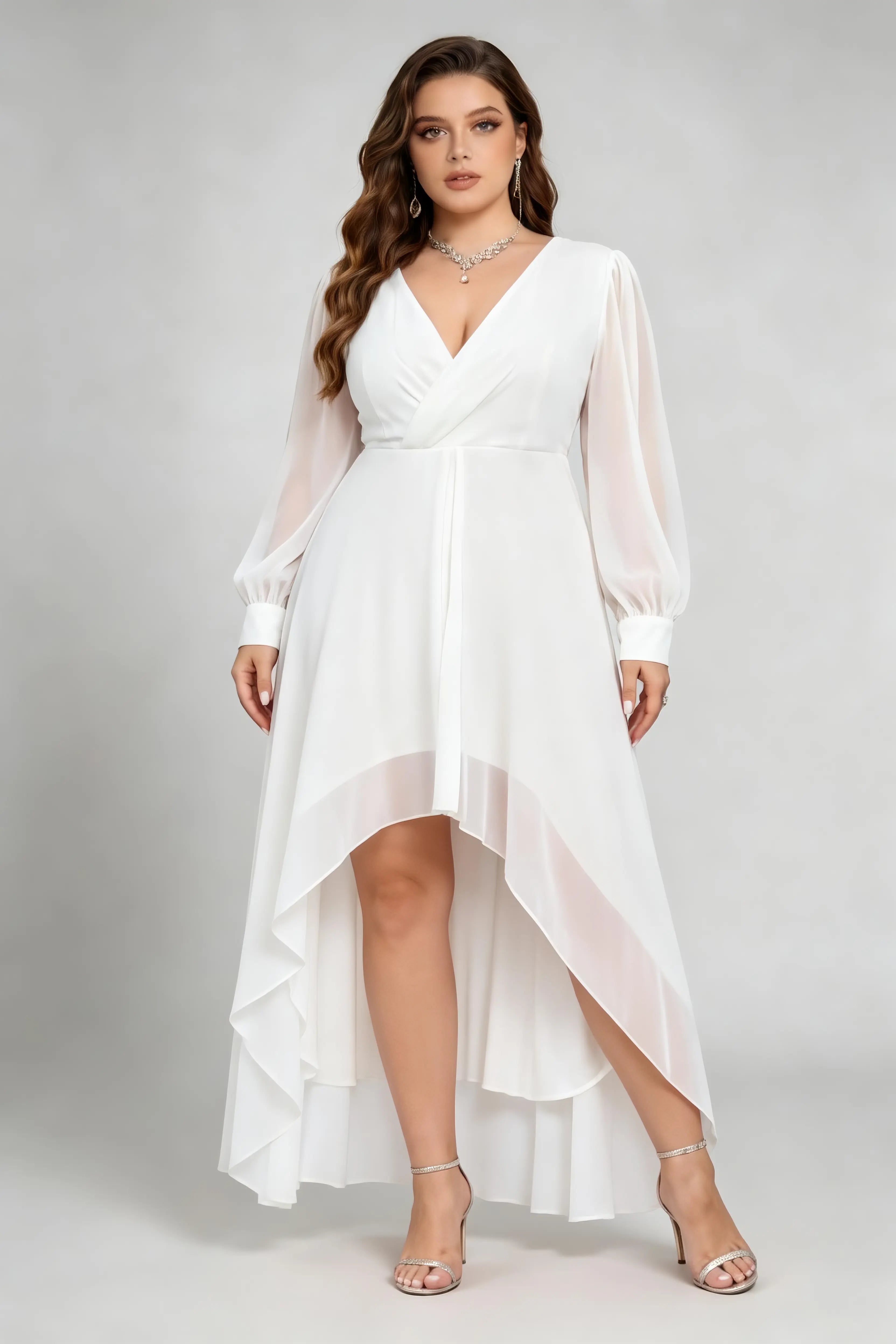 Plus Size White Surplice V-Neck Sheer Long Sleeve Asymmetrical High-Lo –  phoehua