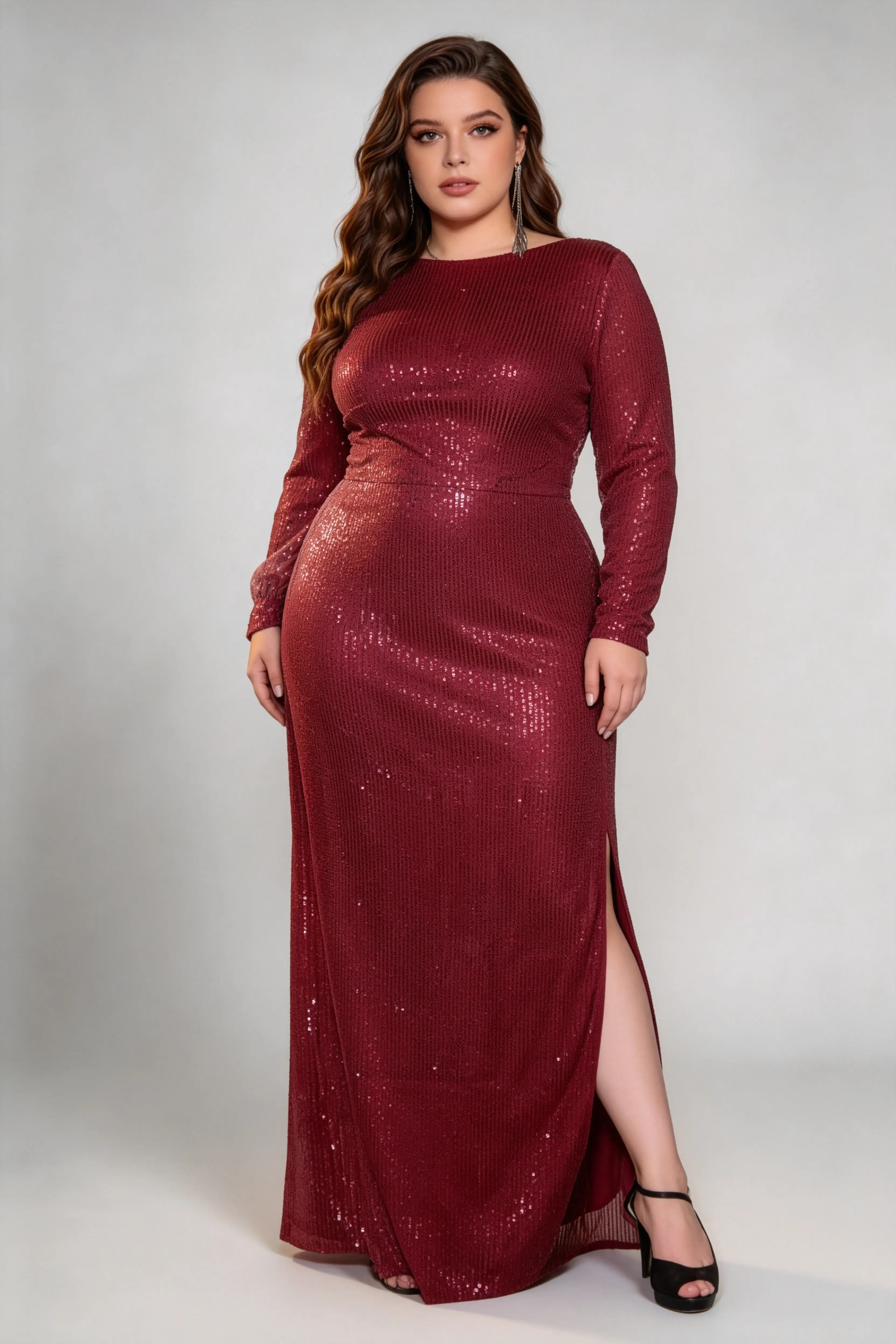 Plus Size Burgundy Sequin Long Sleeve Open Back Side Slit Bodycon Maxi phoehua Plus Size Burgundy Sequin Long Sleeve Open Back Side Slit Bodycon Maxi phoehua