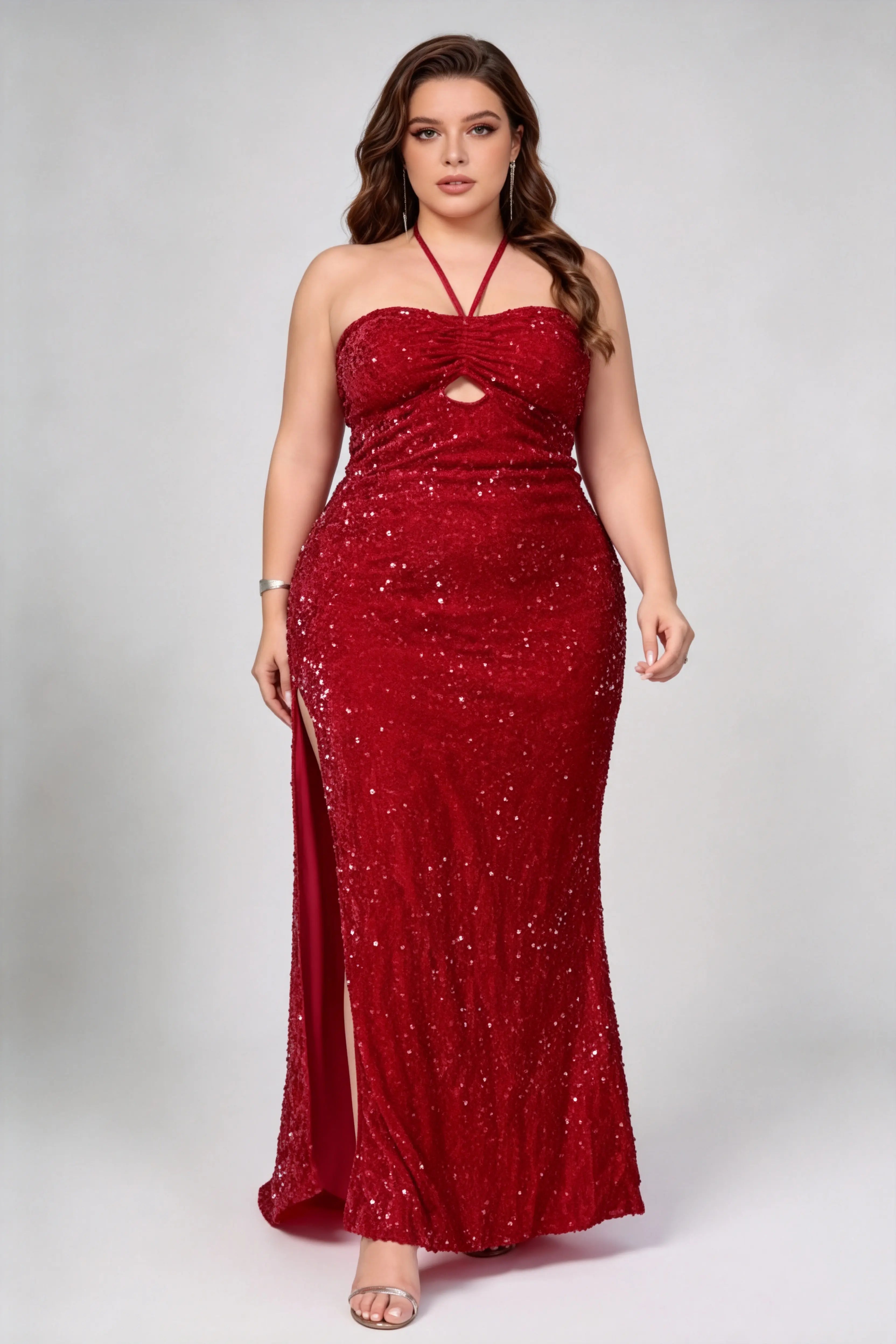Plus Size Red Sequin Halter Keyhole Cutout Side Slit Bodycon Maxi Even phoehua Plus Size Red Sequin Halter Keyhole Cutout Side Slit Bodycon Maxi Even phoehua