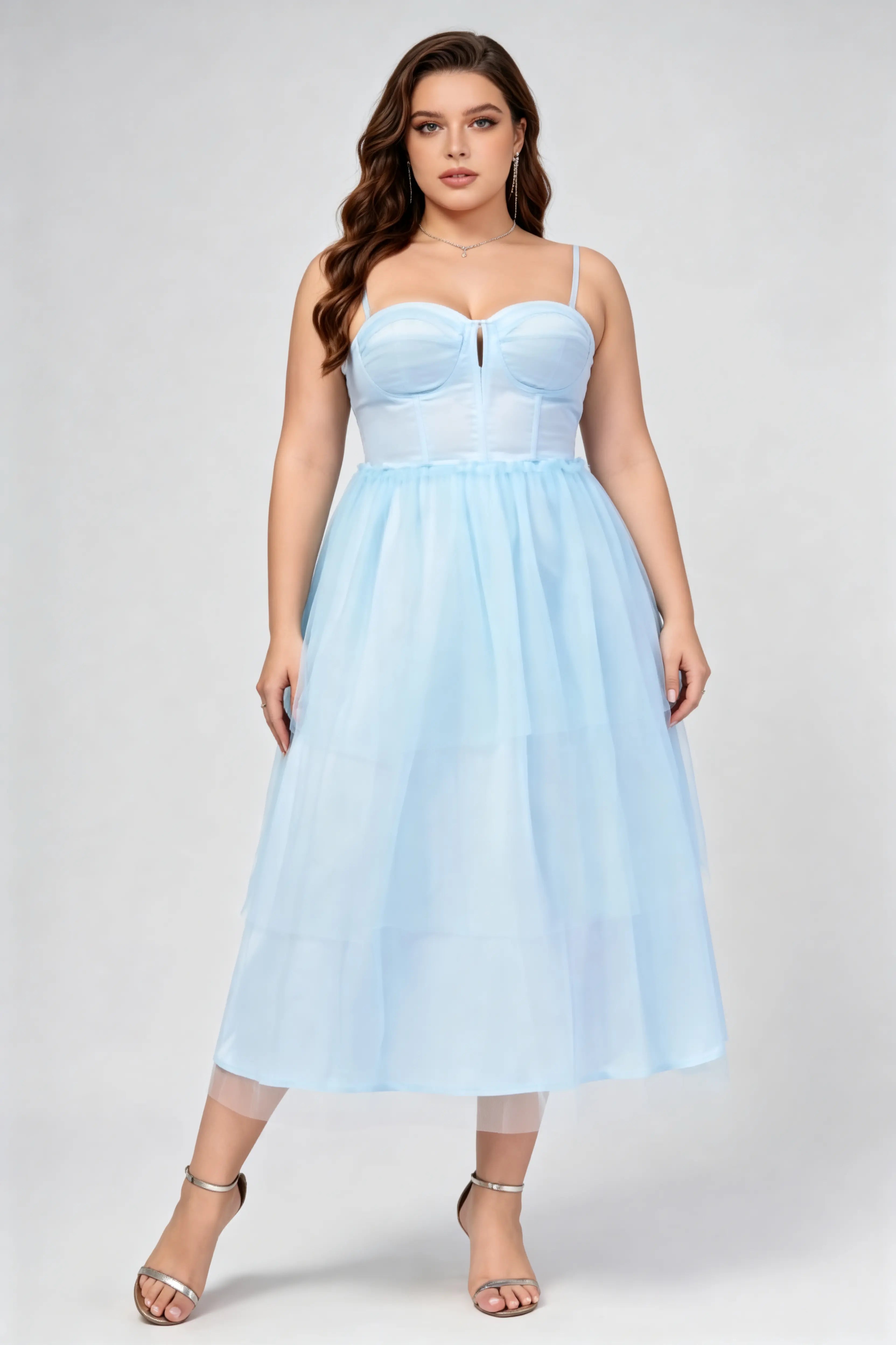 Plus Size Light Blue Tulle Spaghetti Strap Corset Bust Lace-Up Back Ti phoehua Plus Size Light Blue Tulle Spaghetti Strap Corset Bust Lace-Up Back Ti phoehua