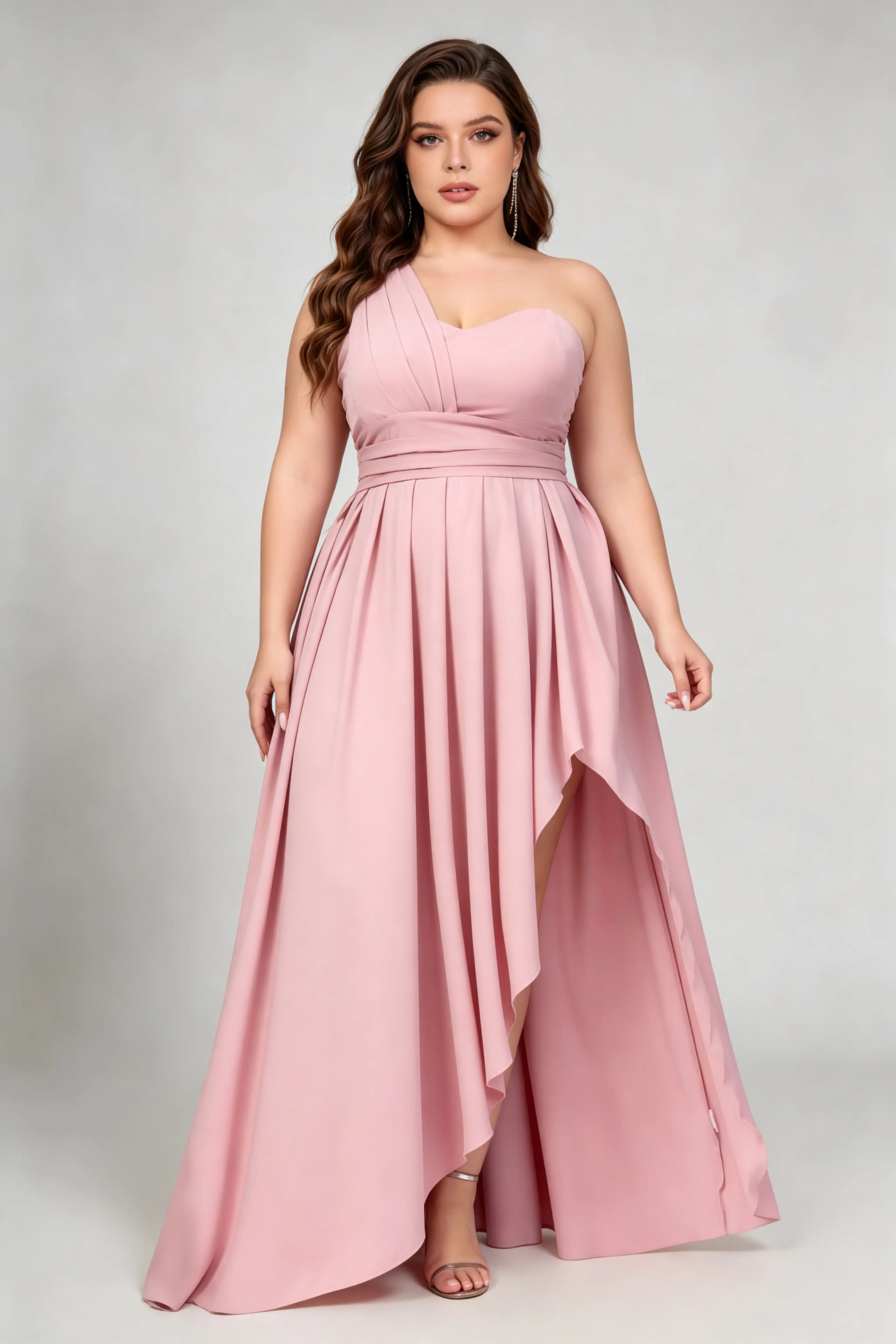 Plus Size Blush Pink One Shoulder High Waist High-Low A-Line Asymmetri phoehua Plus Size Blush Pink One Shoulder High Waist High-Low A-Line Asymmetri phoehua