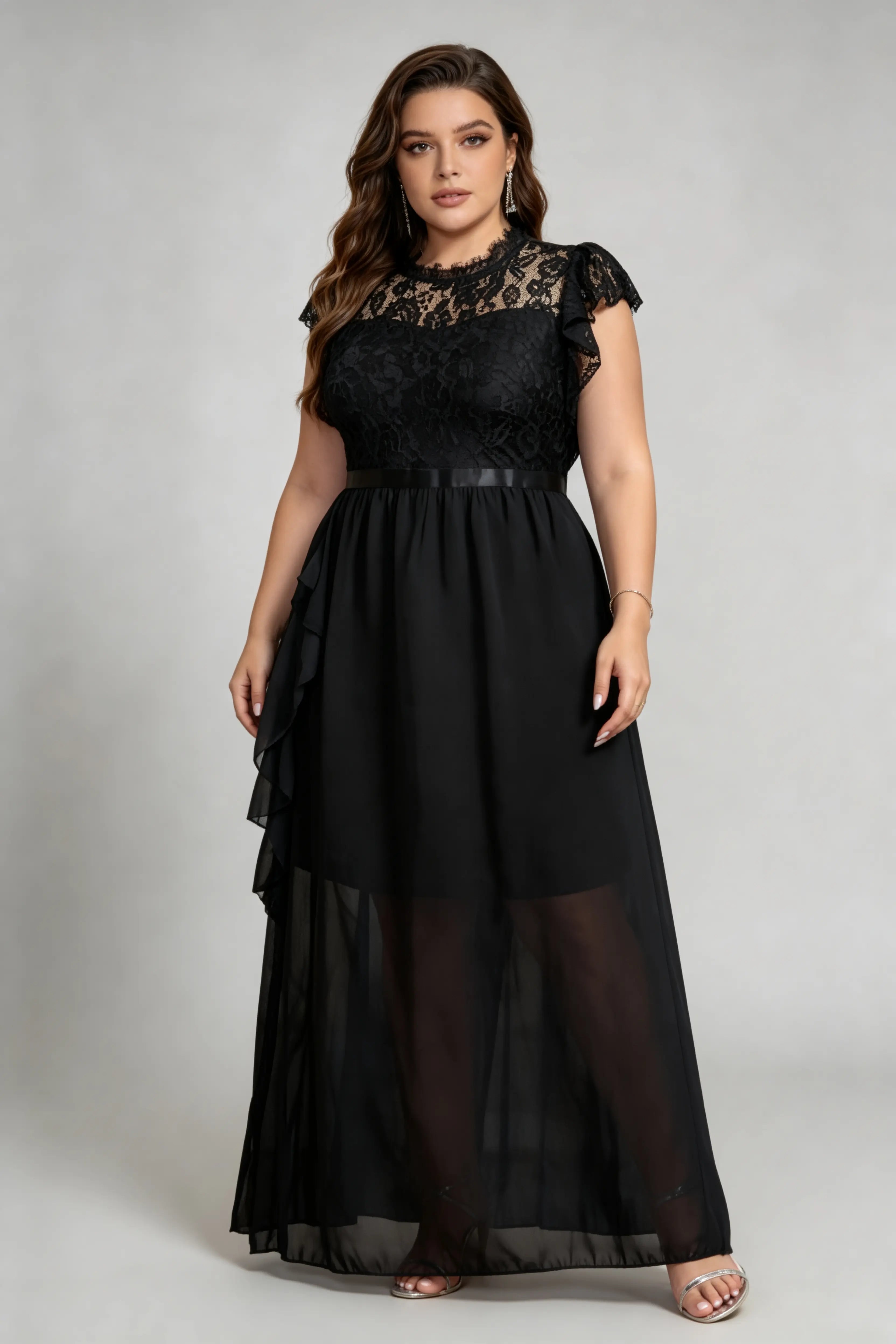 Plus Size Black Lace High Neck Ruffled Sleeve Waist Defined Sheer