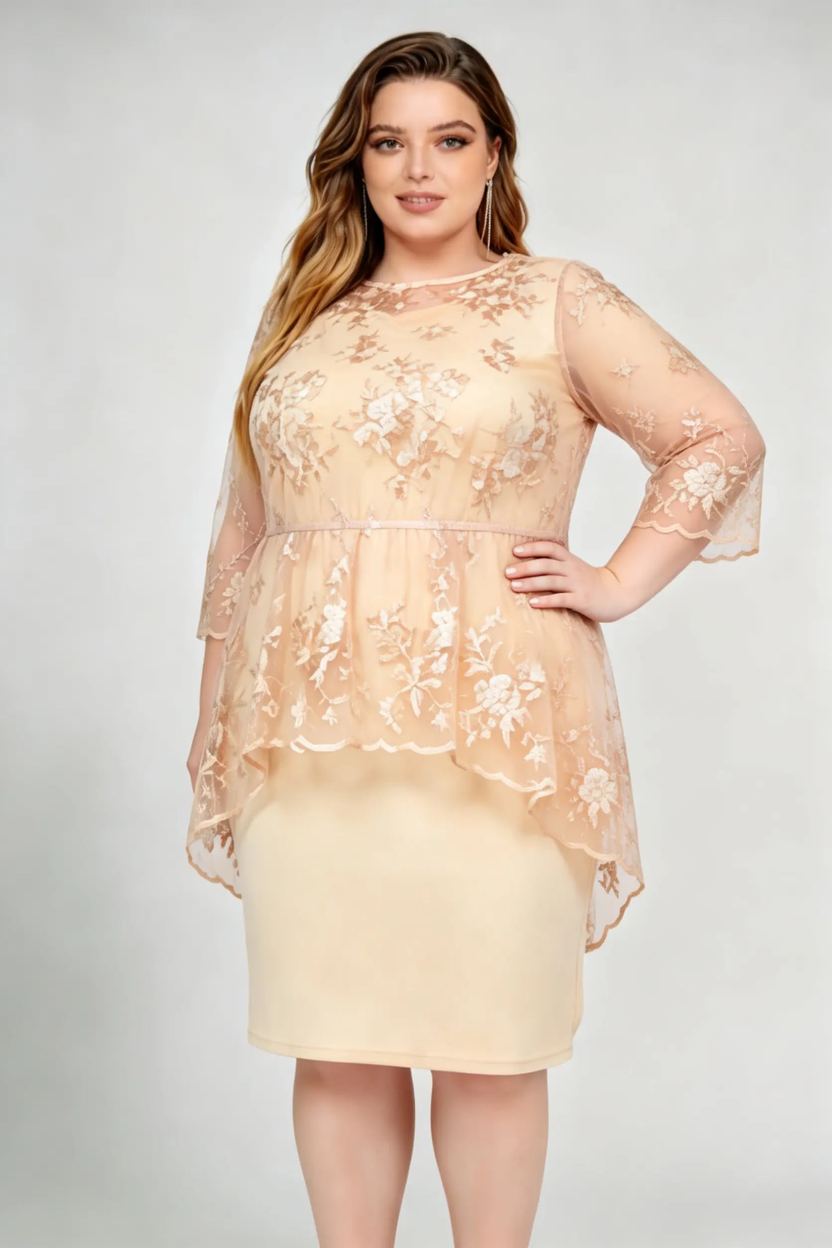 Plus Size Champagne Lace Floral Embroidered High-Low Peplum Knee Dress –  phoehua