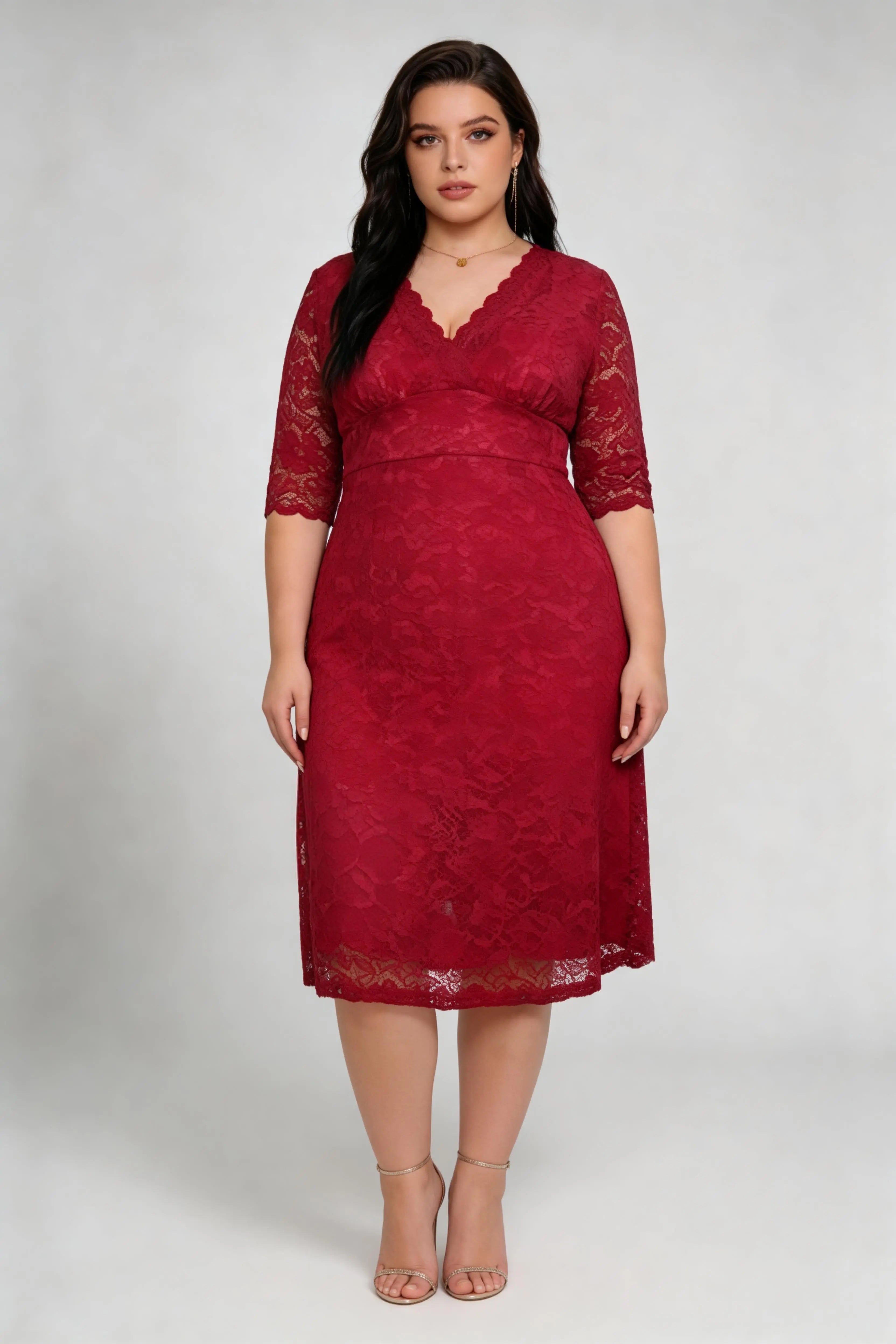 black cocktail dresses for women Plus Size Red Lace V-Neck 3/4 Sleeve A-Line Midi Cocktail Dress – phoehua