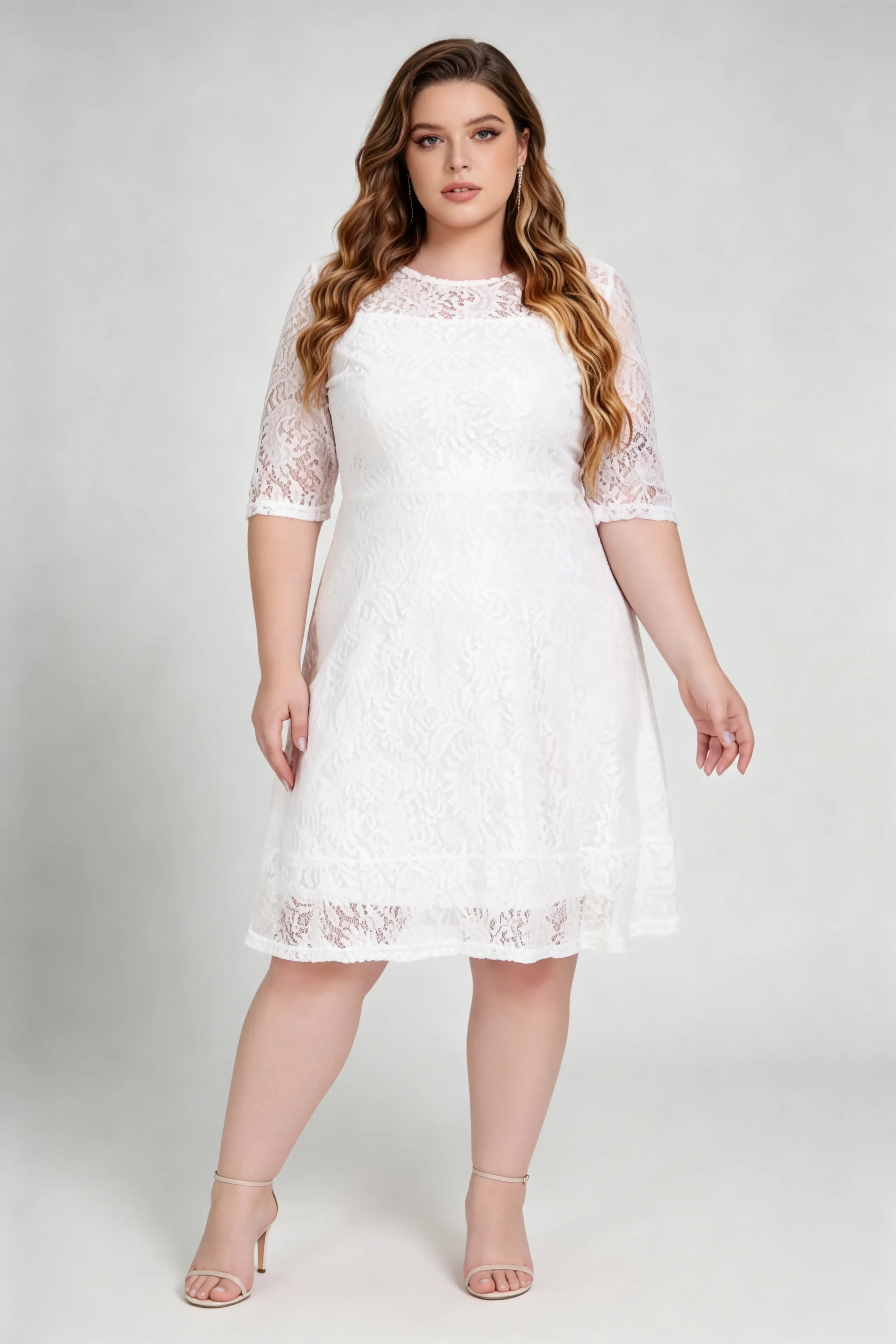 Plus Size White Lace Round Neck 3/4 Sleeve A-Line Knee Length Dress phoehua Plus Size White Lace Round Neck 3/4 Sleeve A-Line Knee Length Dress phoehua