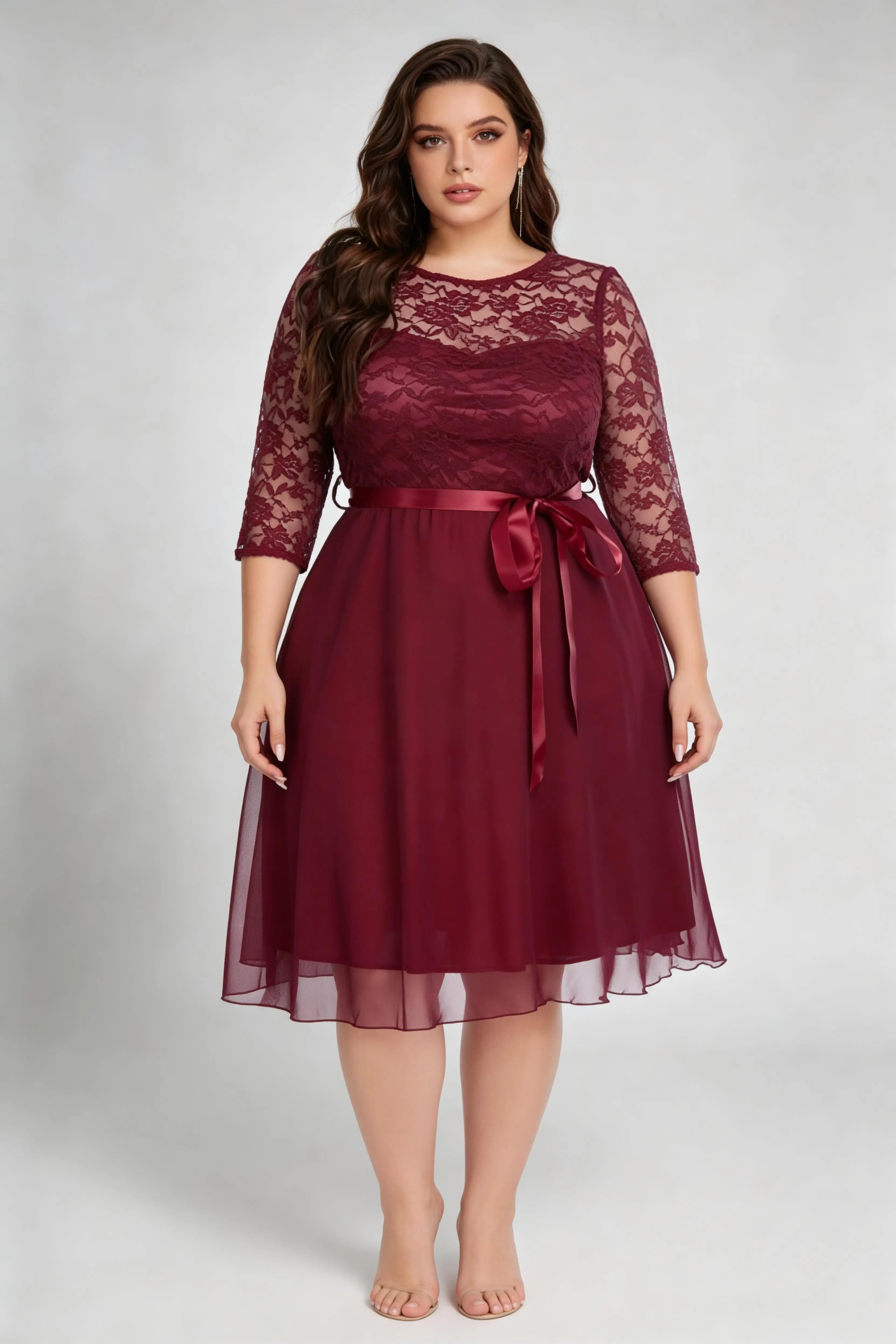 plus size burgundy midi dress Plus Size Burgundy Lace 3/4 Sleeve A-line Midi Dress With Satin Belt