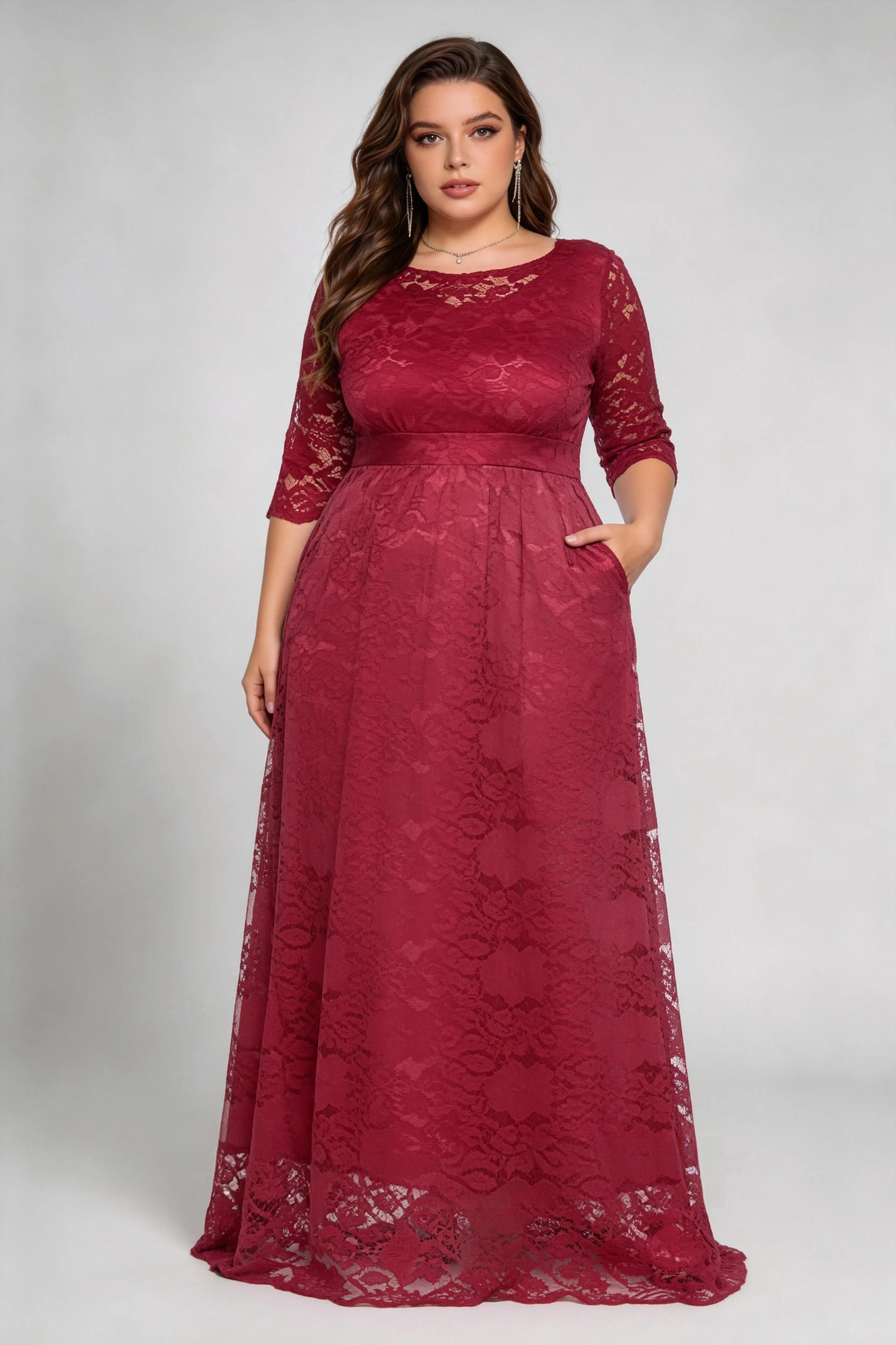 Plus Size Floral Lace 3/4 Sleeve Round Neck A-line Floor Length Maxi D phoehua Plus Size Floral Lace 3/4 Sleeve Round Neck A-line Floor Length Maxi D phoehua