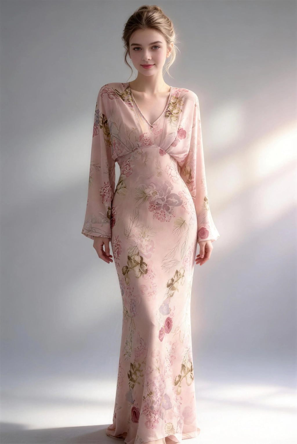 Model wearing pink floral print chiffon long sleeve v-neck maxi dress