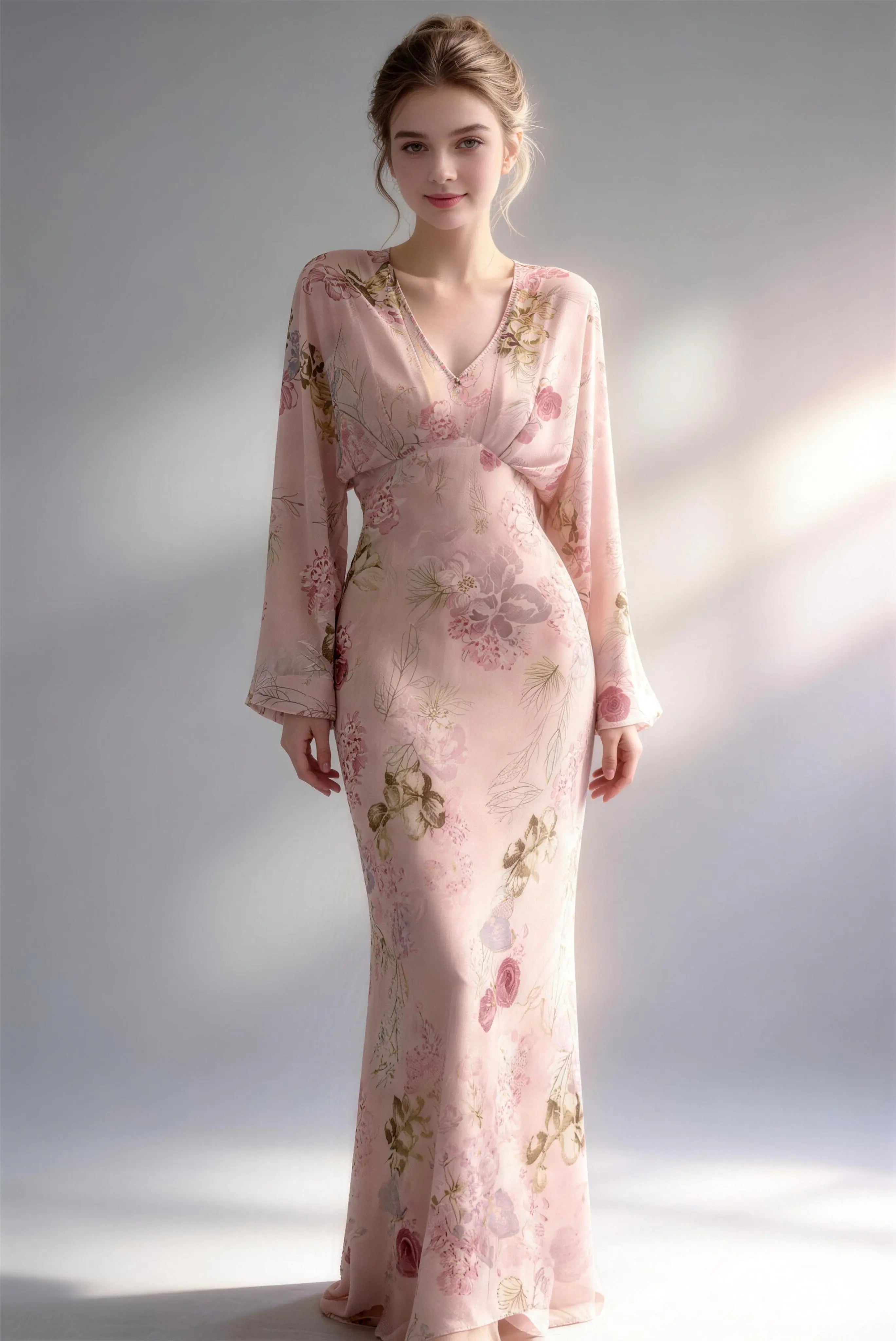 Model wearing pink floral print chiffon long sleeve v-neck maxi dress