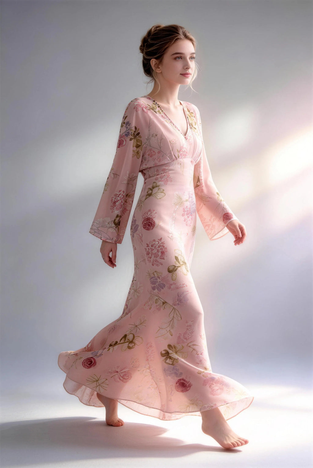 Model wearing pink floral print chiffon long sleeve v-neck maxi dress