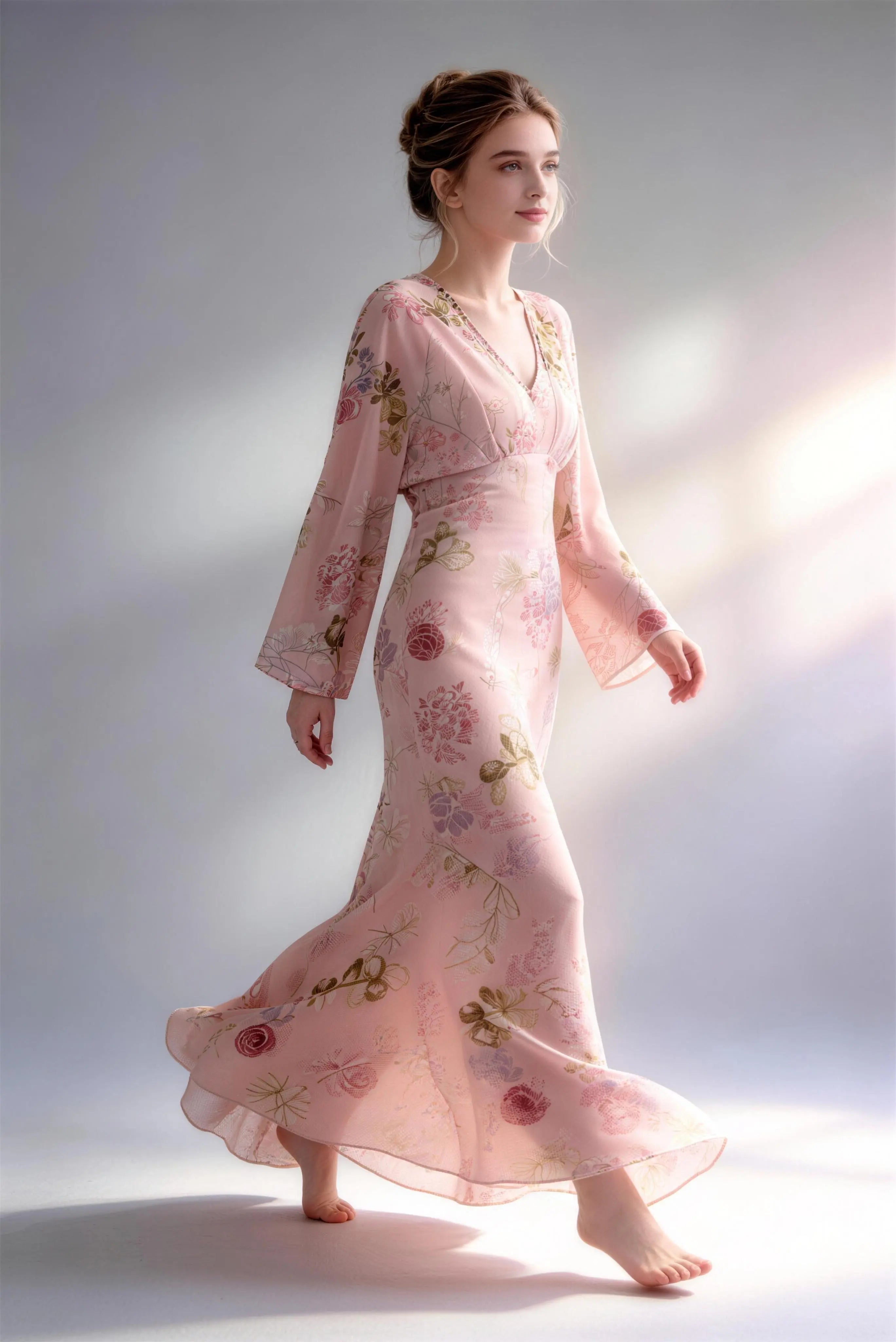 Model wearing pink floral print chiffon long sleeve v-neck maxi dress