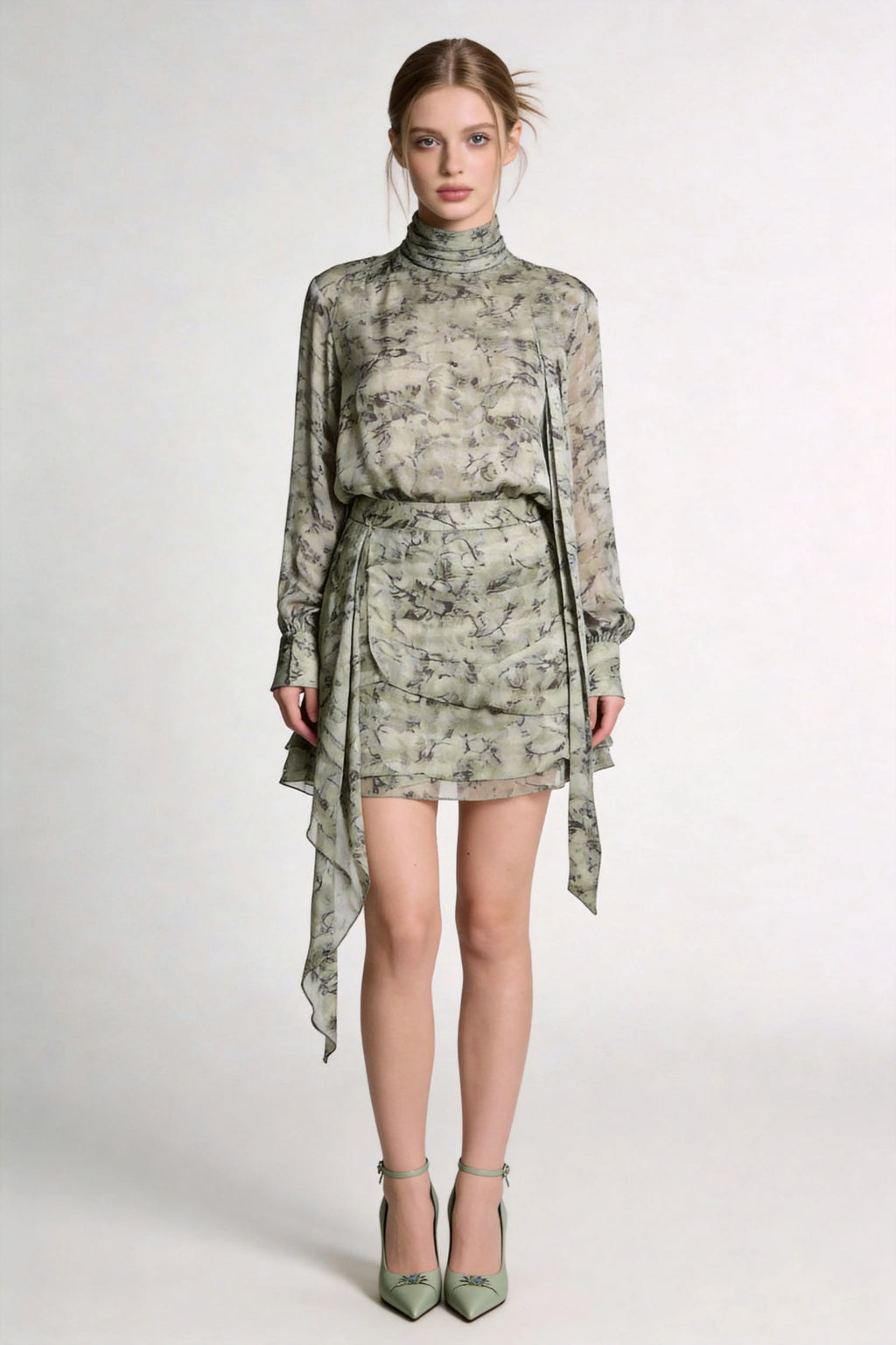 Model wearing green ink wash print chiffon long sleeve top & irregular hem skirt two-piece set