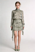 Model wearing green ink wash print chiffon long sleeve top & irregular hem skirt two-piece set