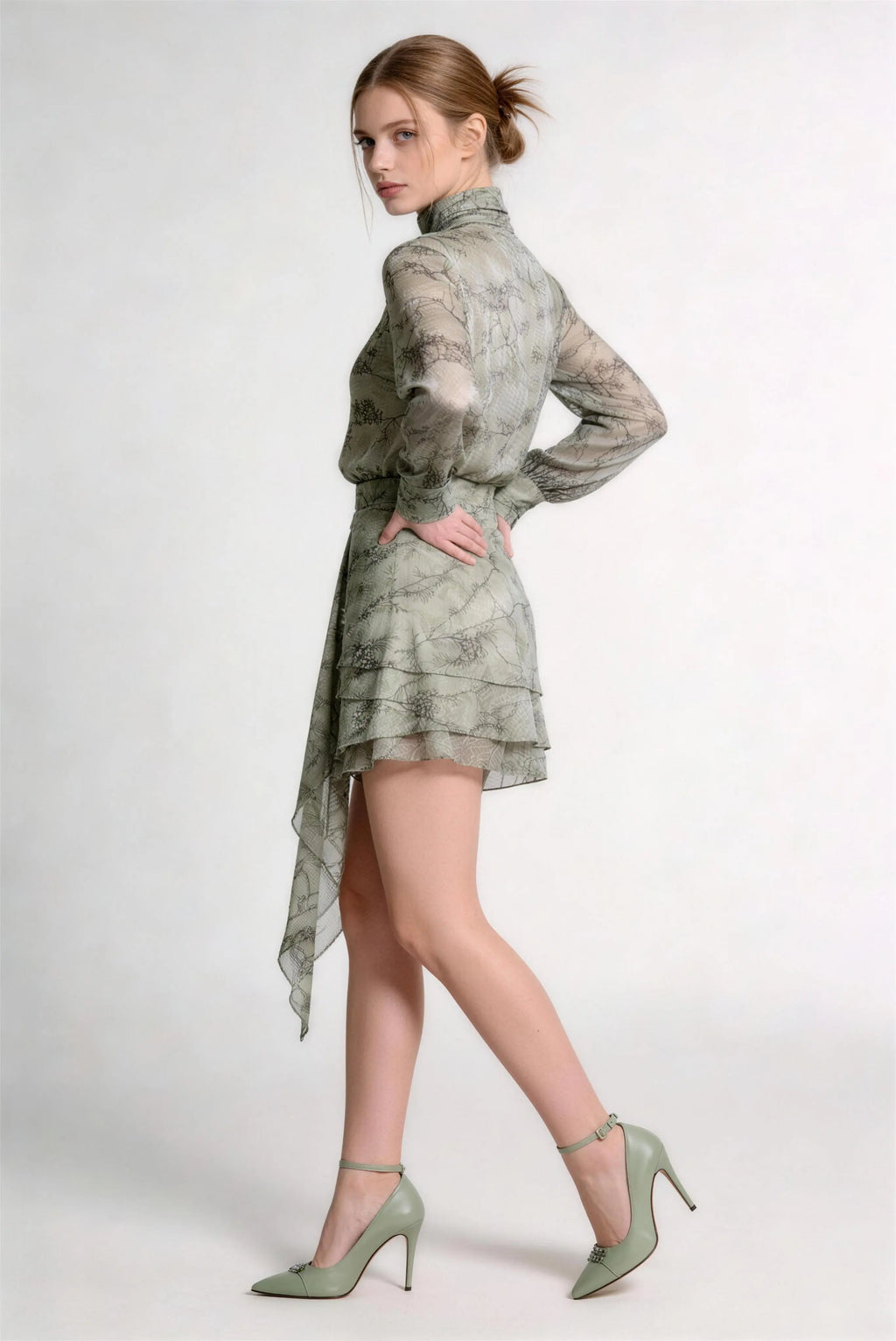 Model wearing green ink wash print chiffon long sleeve top & irregular hem skirt two-piece set