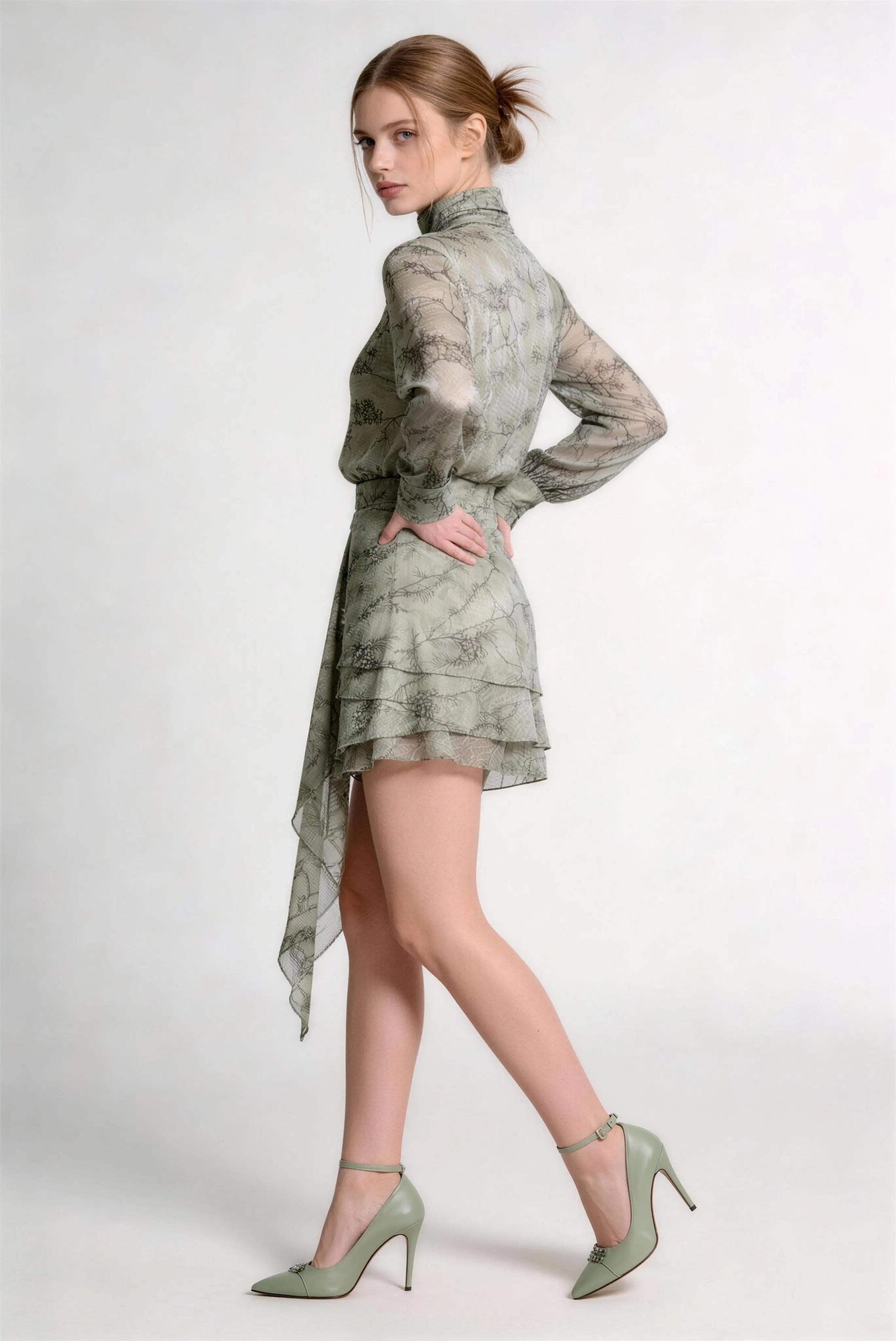 Model wearing green ink wash print chiffon long sleeve top & irregular hem skirt two-piece set