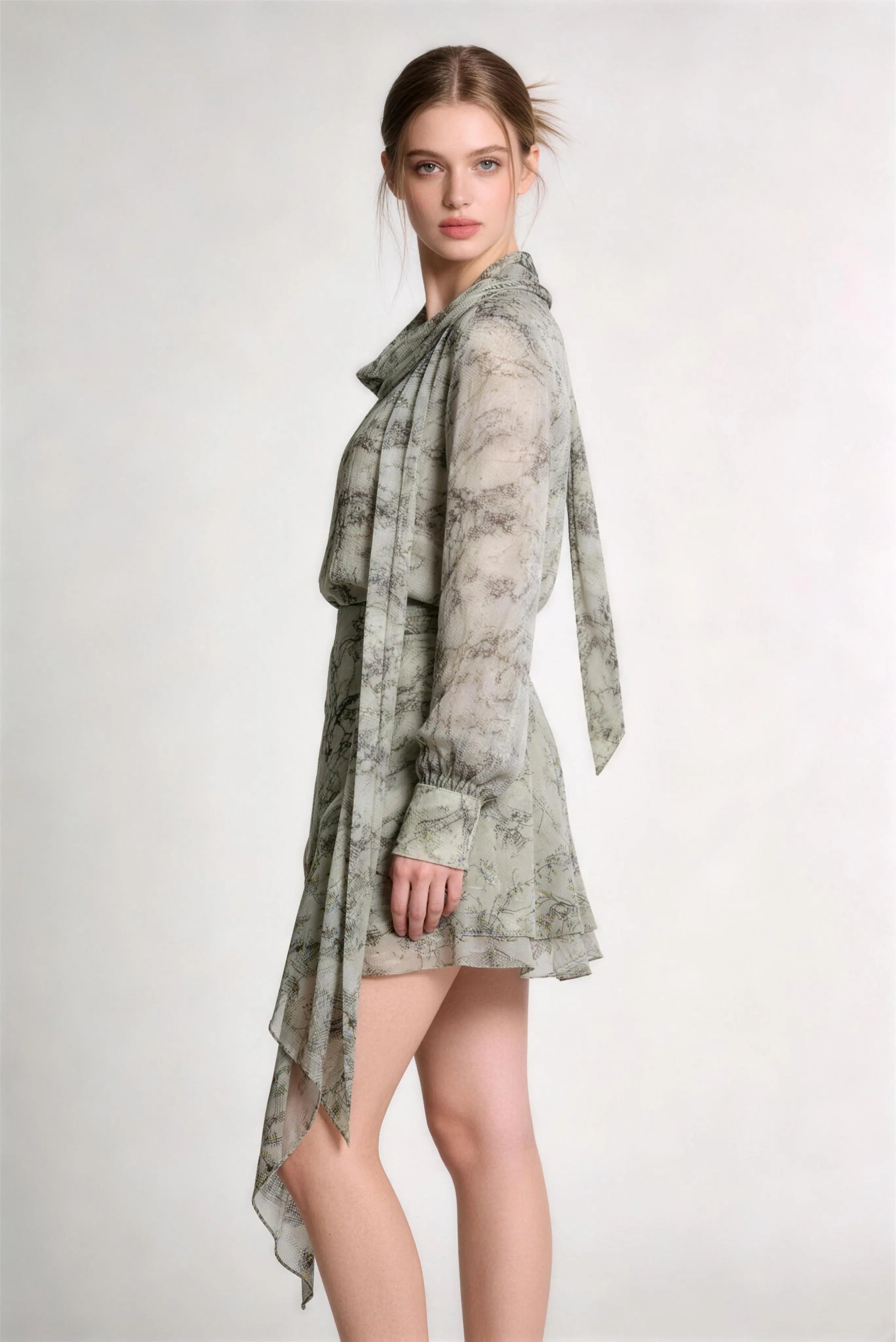 Model wearing green ink wash print chiffon long sleeve top & irregular hem skirt two-piece set