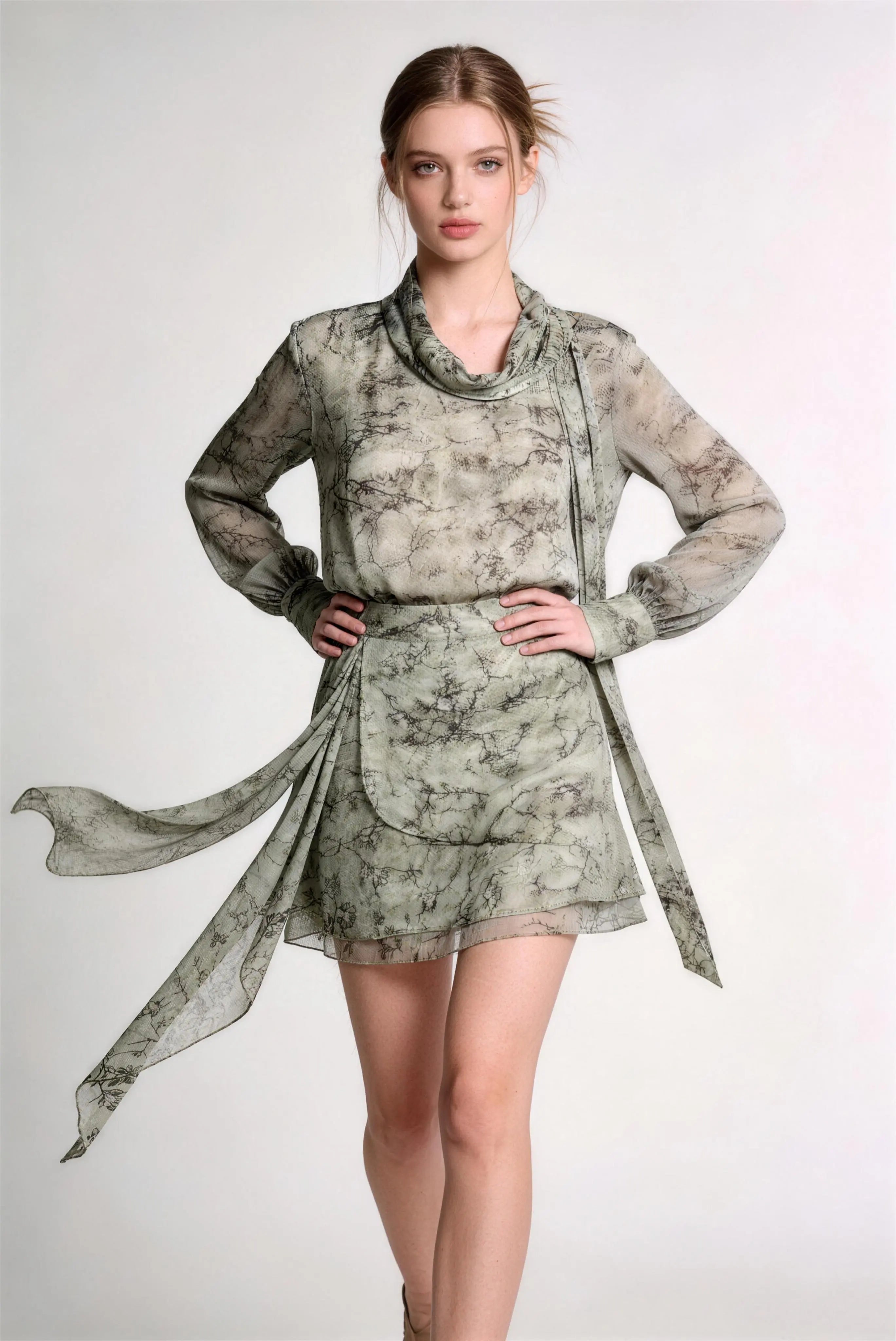 Model wearing green ink wash print chiffon long sleeve top & irregular hem skirt two-piece set