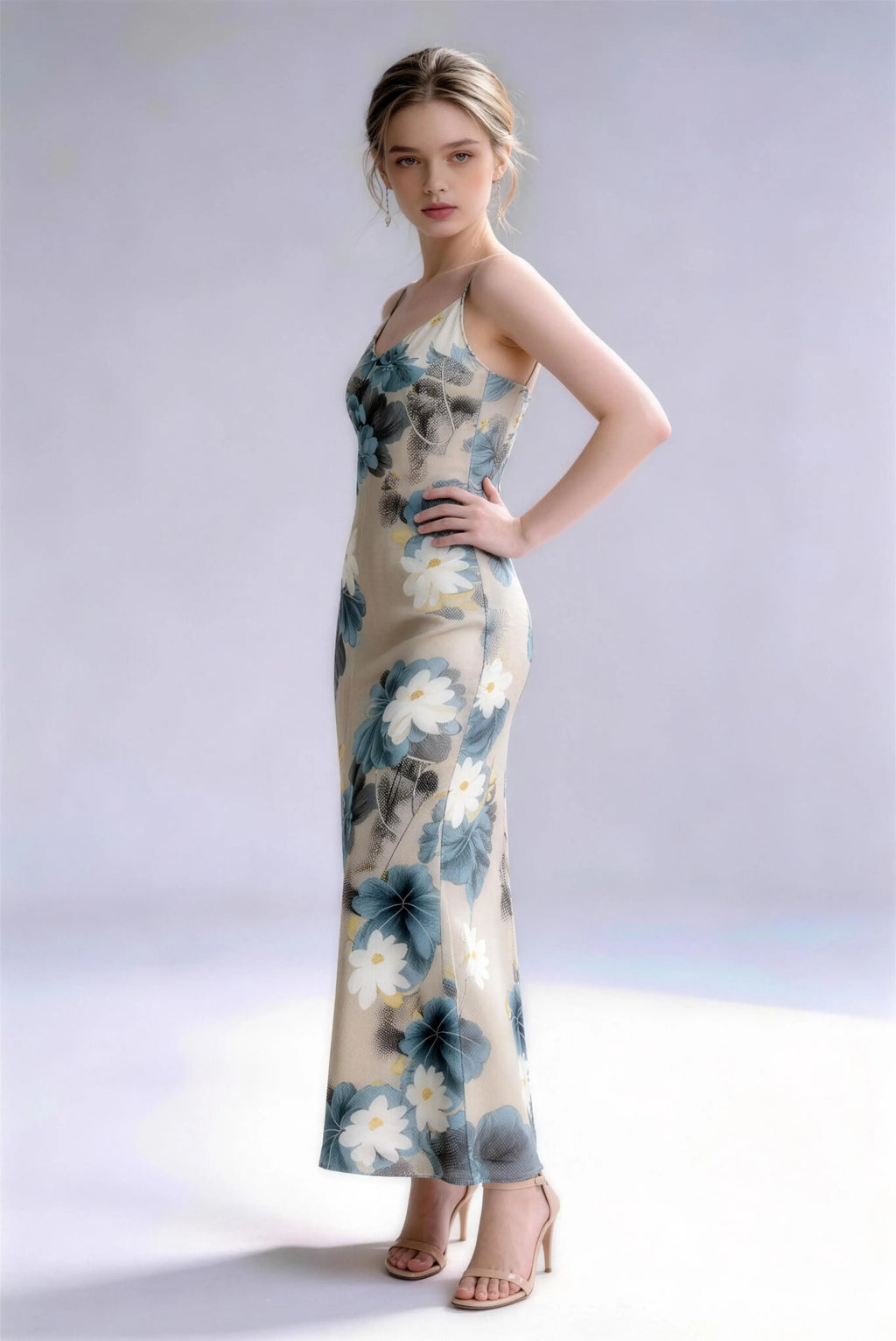 Model wearing floral new chinese style lotus print spaghetti strap maxi dress