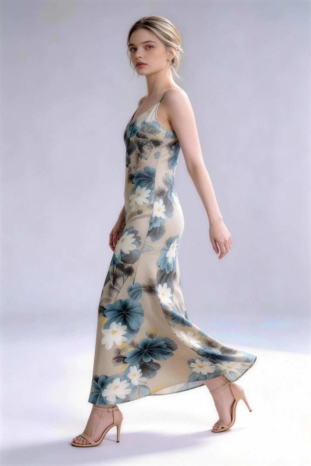 Model wearing floral new chinese style lotus print spaghetti strap maxi dress