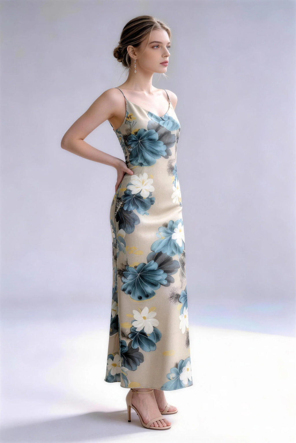 Model wearing floral new chinese style lotus print spaghetti strap maxi dress