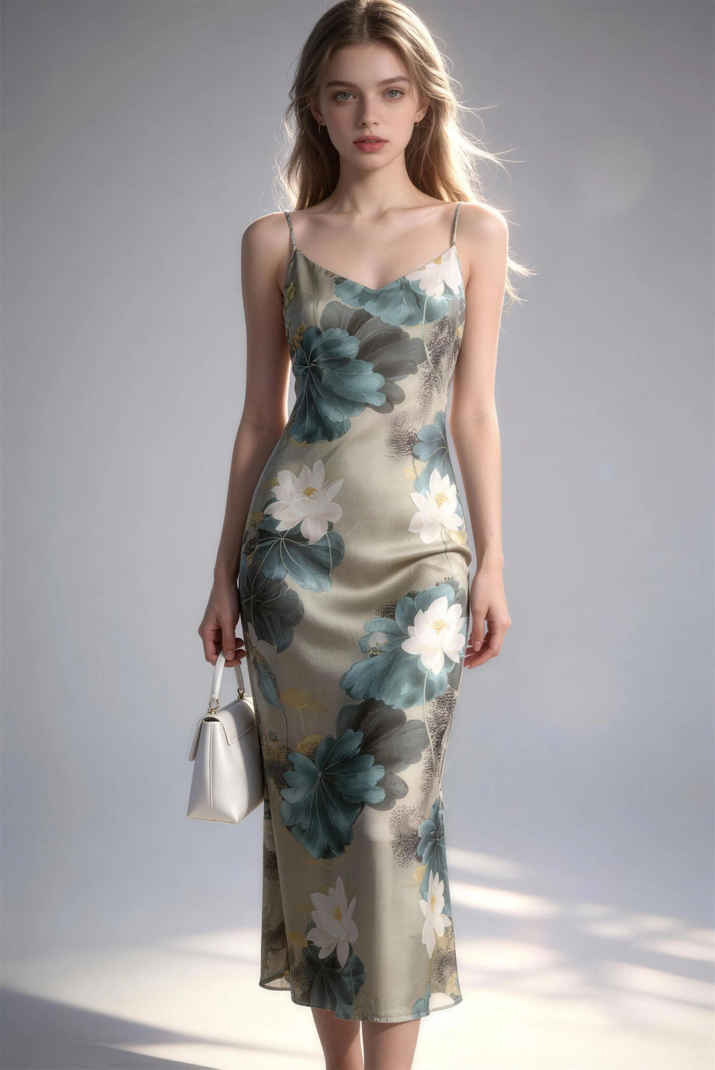 Model wearing floral new chinese style lotus print spaghetti strap maxi dress