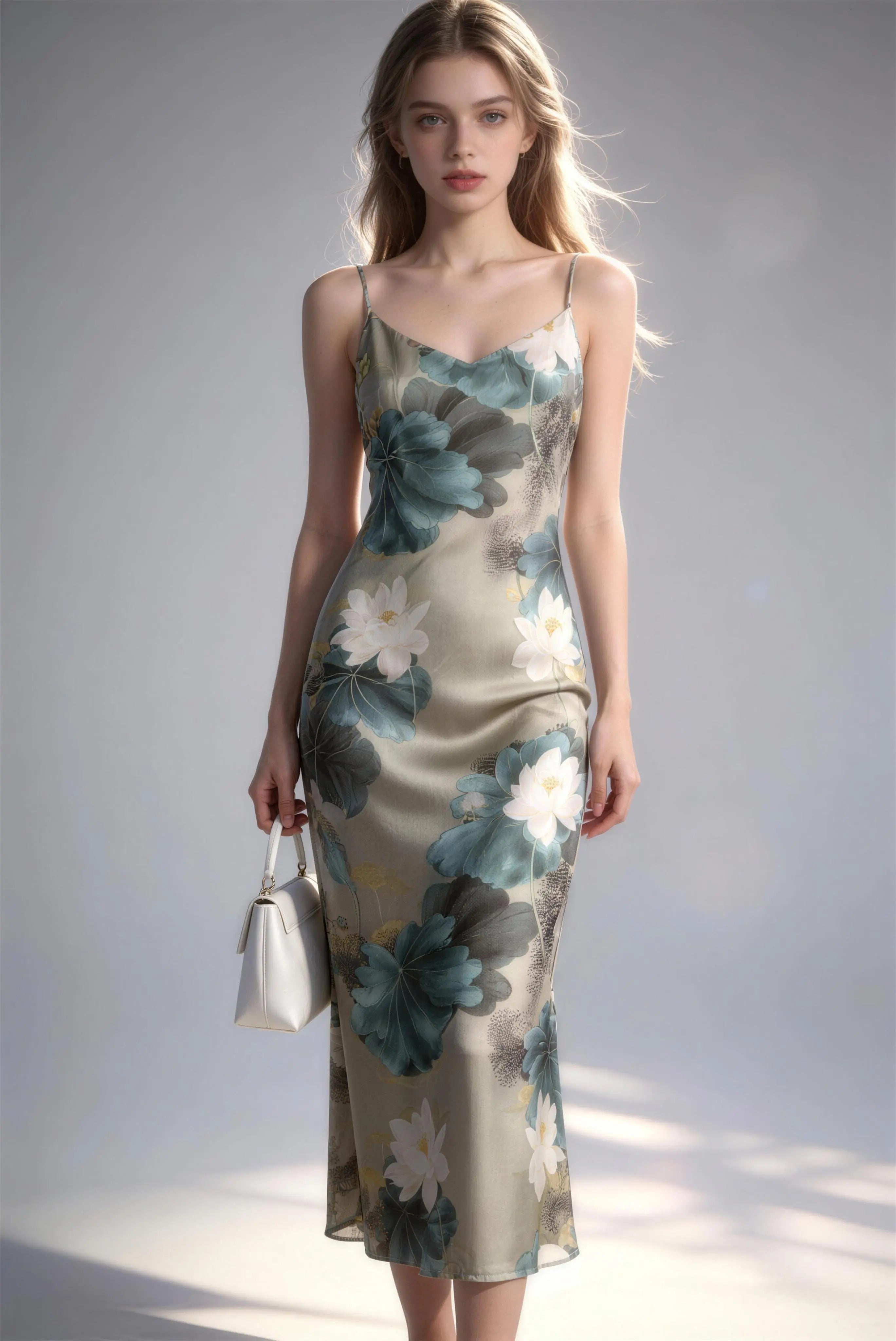 Model wearing floral new chinese style lotus print spaghetti strap maxi dress