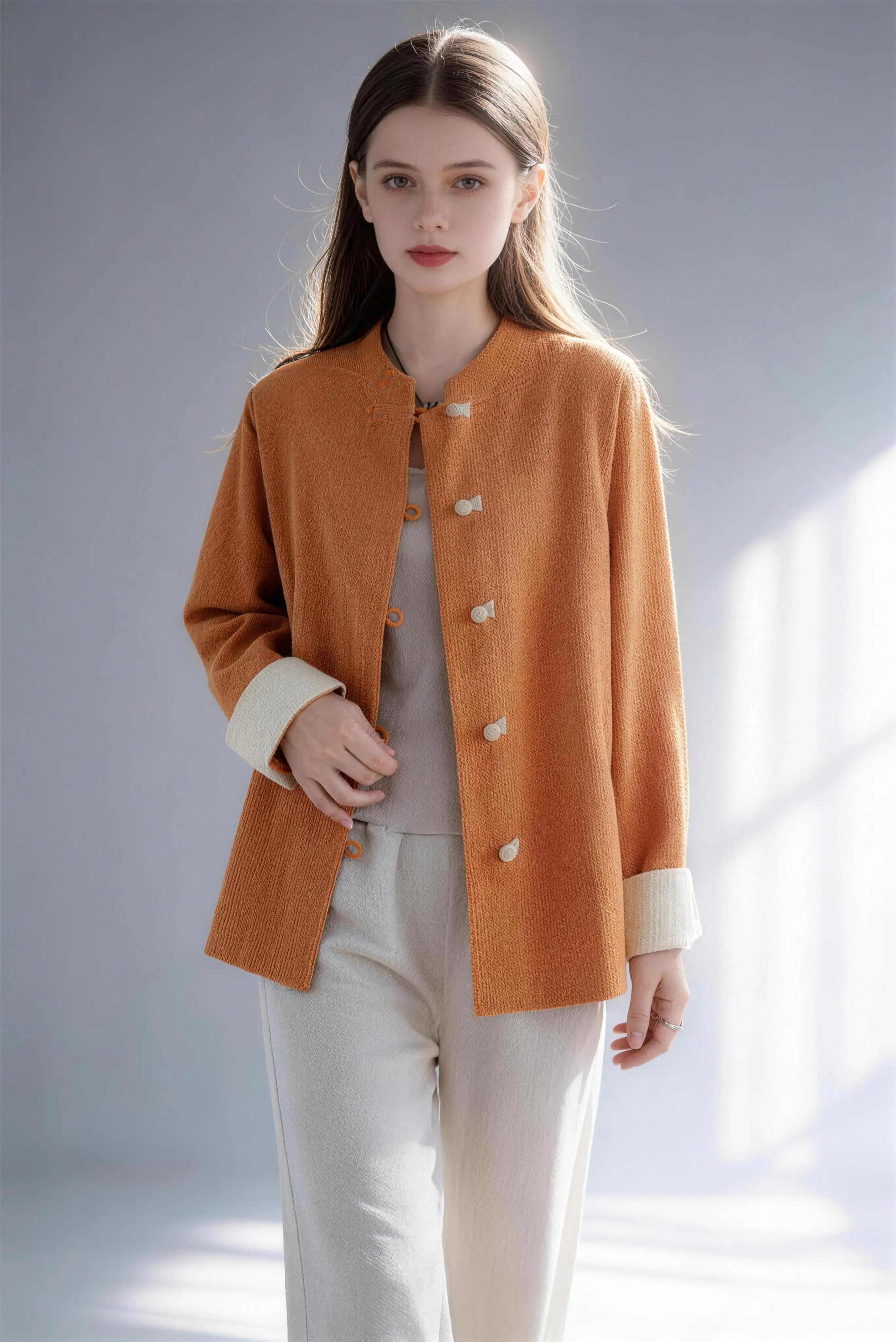 New Chinese Style Orange Knit Cardigan Contrast Frog Button Stand Collar Loose Coat