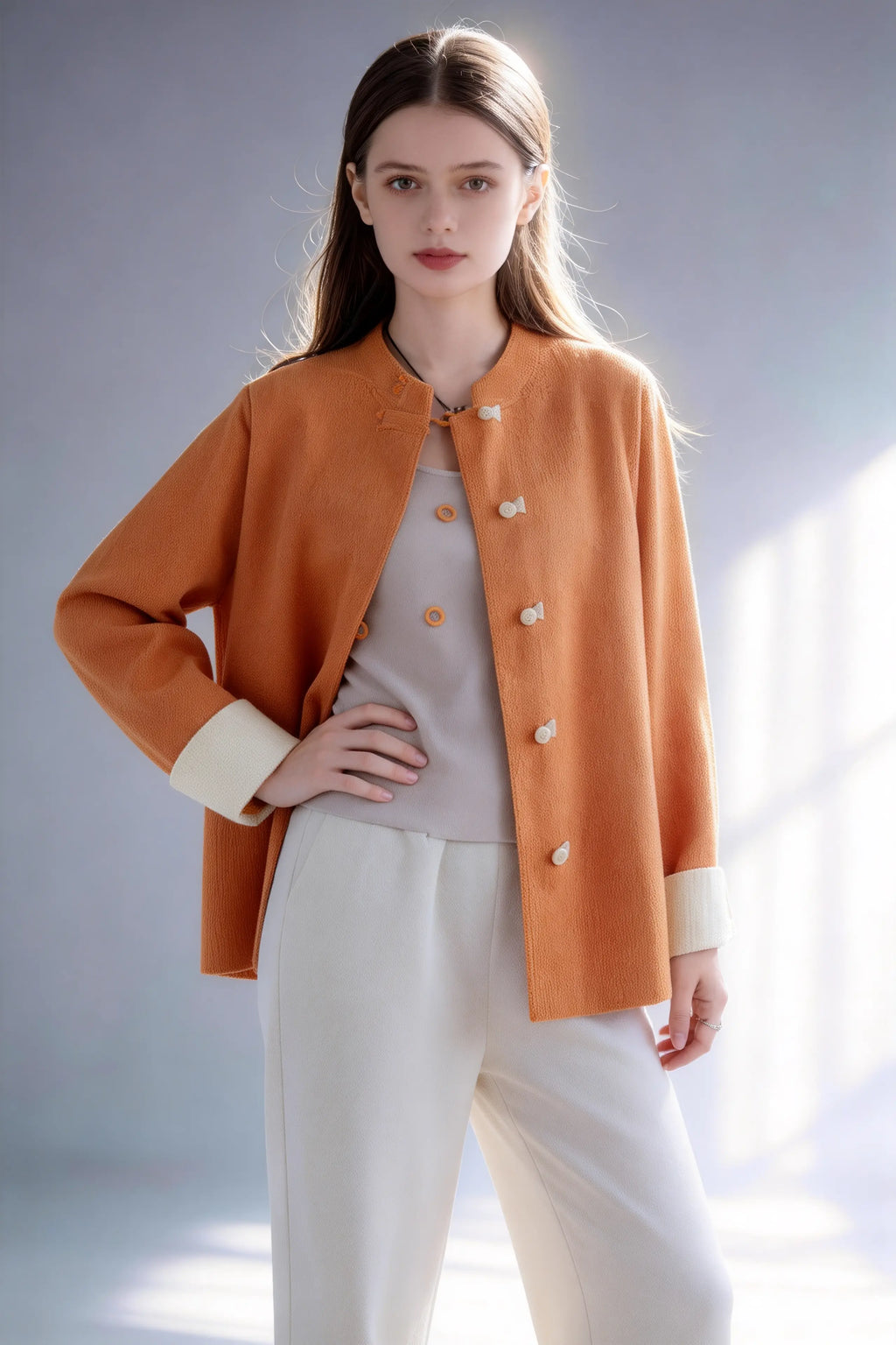 Model wearing new chinese style orange knit cardigan contrast frog button stand collar loose coat