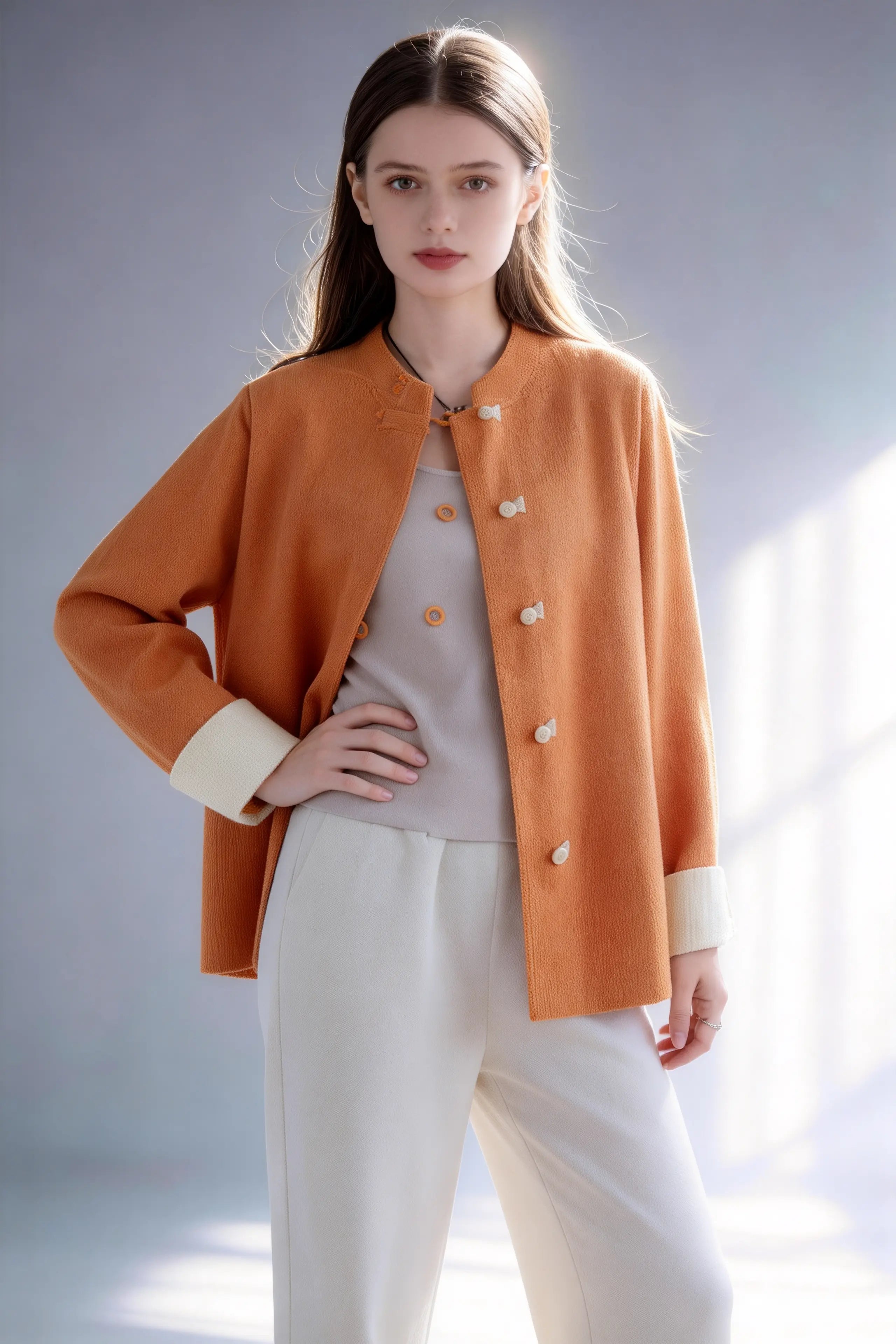 Model wearing new chinese style orange knit cardigan contrast frog button stand collar loose coat