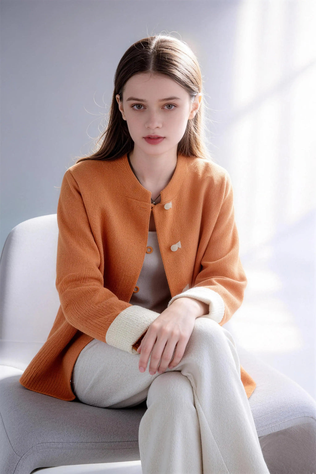Model wearing new chinese style orange knit cardigan contrast frog button stand collar loose coat