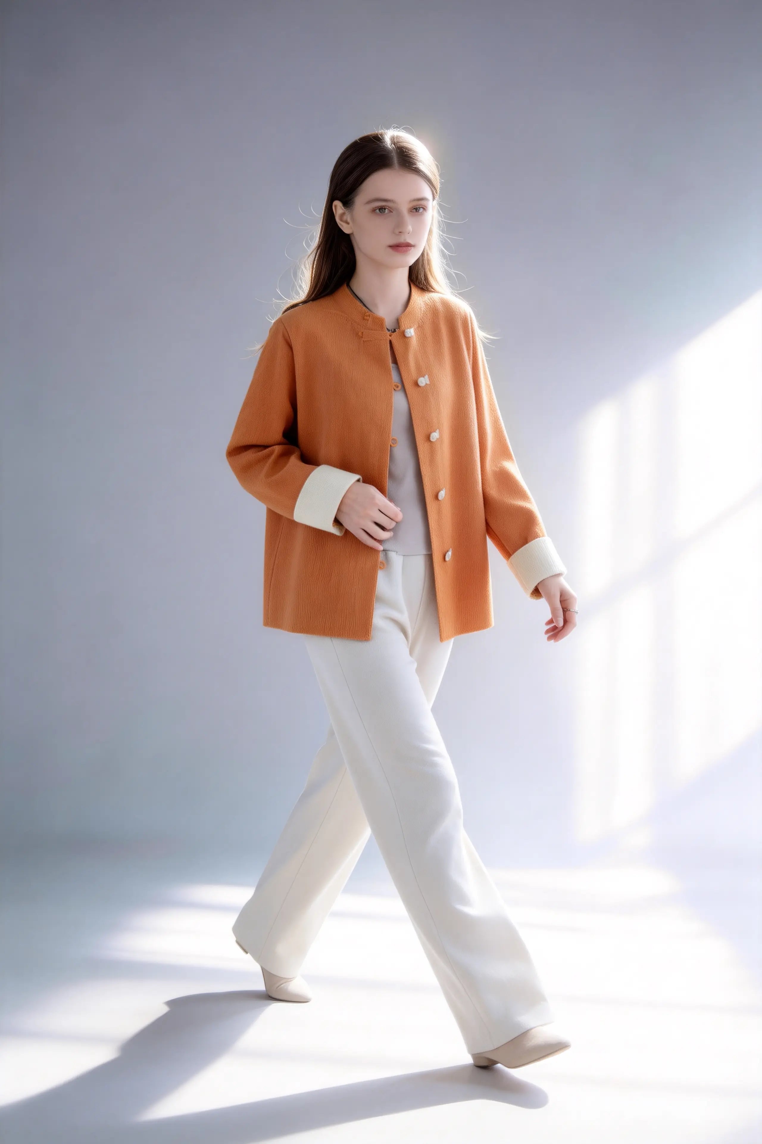 Model wearing new chinese style orange knit cardigan contrast frog button stand collar loose coat
