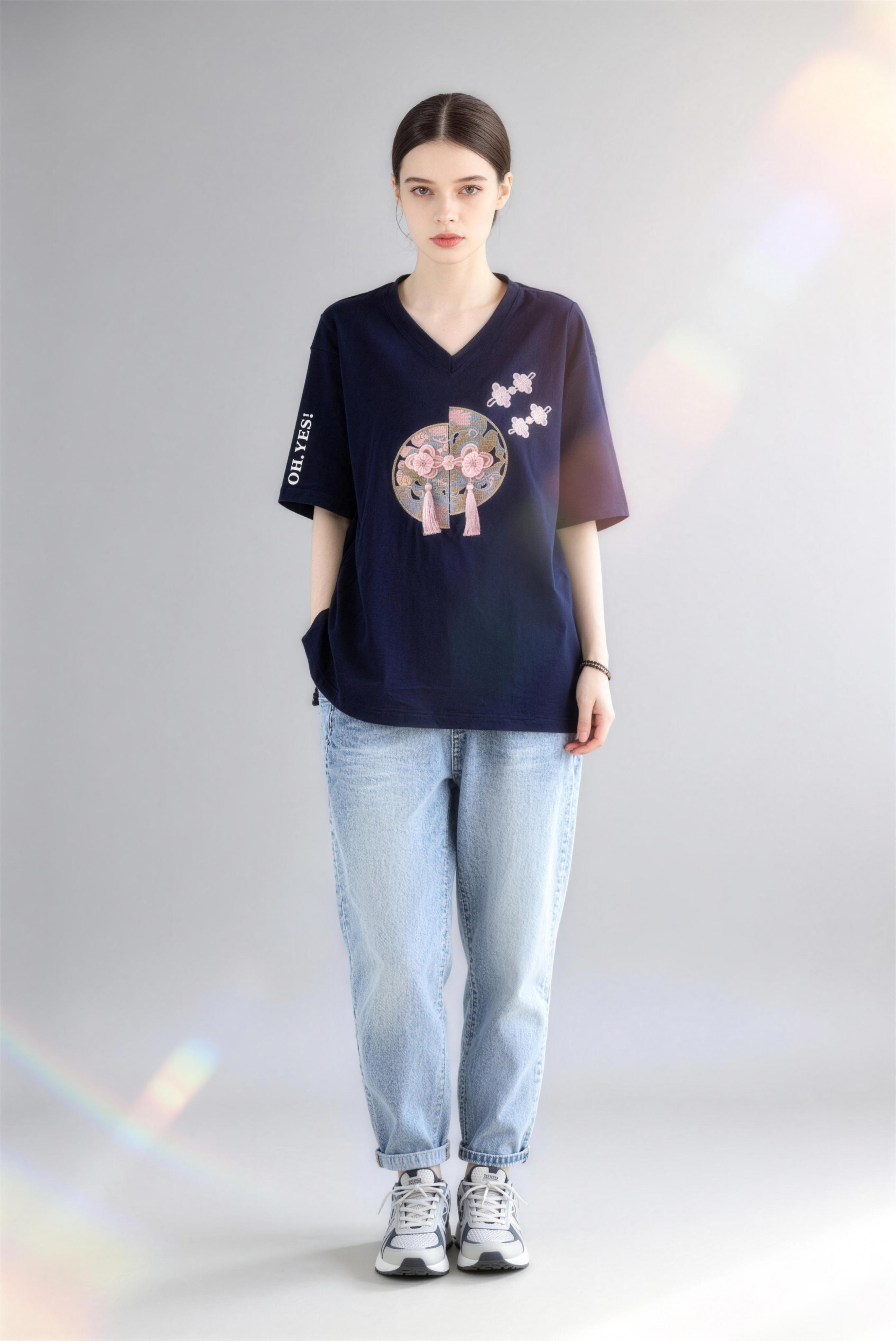 New Chinese Style V-Neck Printed Tassel Short-Sleeve T-Shirt