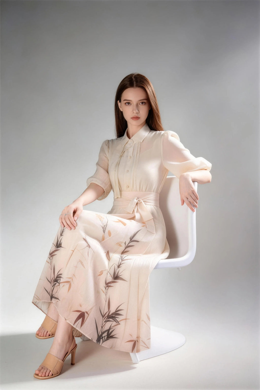 Model wearing beige new chinese style ink bamboo print collared waist tie midi dress