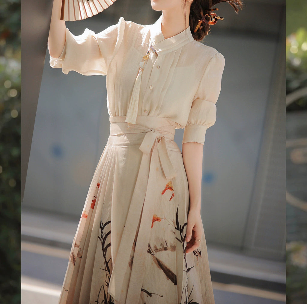 Model wearing beige new chinese style ink bamboo print collared waist tie midi dress