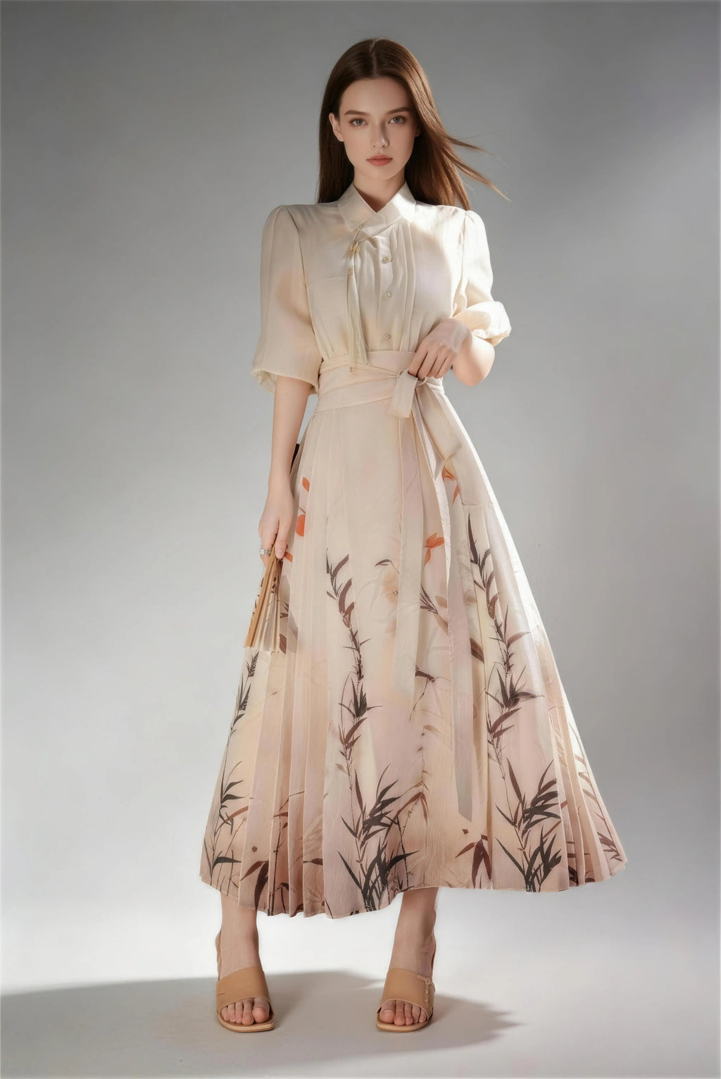Model wearing new chinese style ink bamboo print collared waist tie midi dress